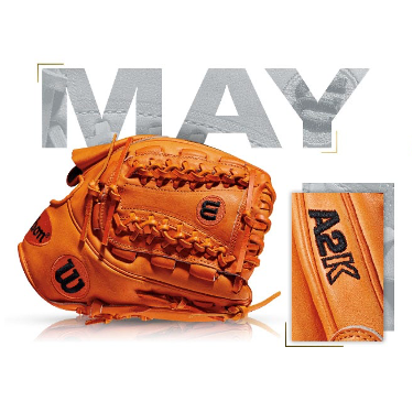 Wilson A2K JF16 GM glove for May 2014, featuring vibrant orange leather and detailed stitching.