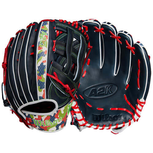 Wilson A2K MH23 outfield baseball glove in navy, featuring neon accents and bold logo design, 12.75" model.