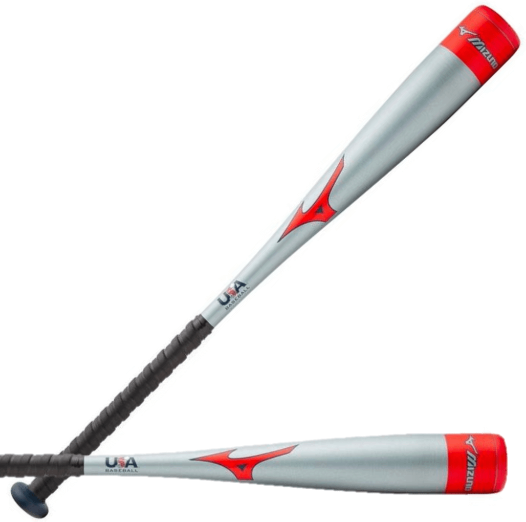 Mizuno B21-PWR Alloy (-10) USA baseball bat in silver and red, showcasing durable aerospace-grade aluminum design.