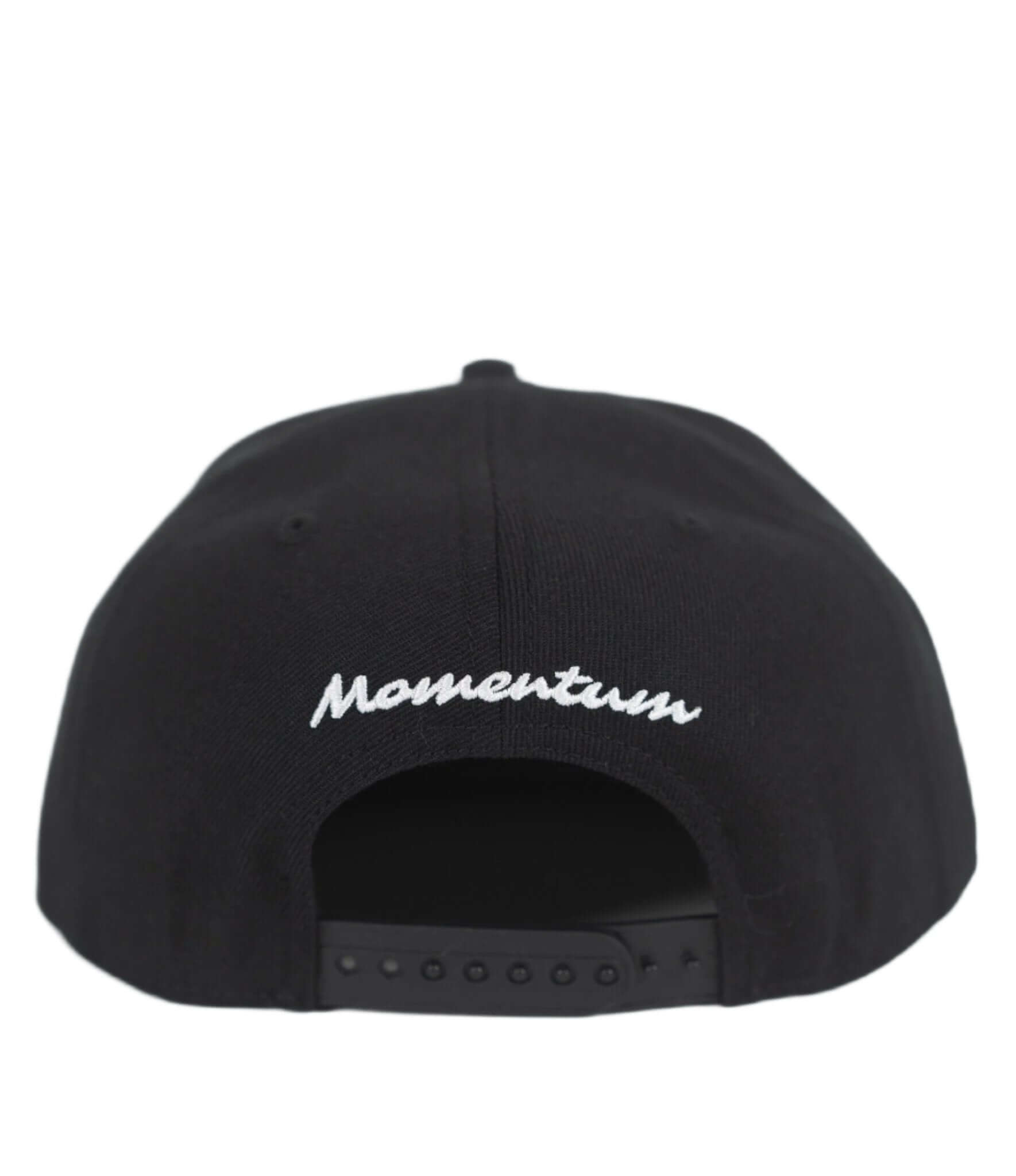 Black Momentum Snapback Hat showcasing embroidered logo on the back, perfect accessory for style and comfort.