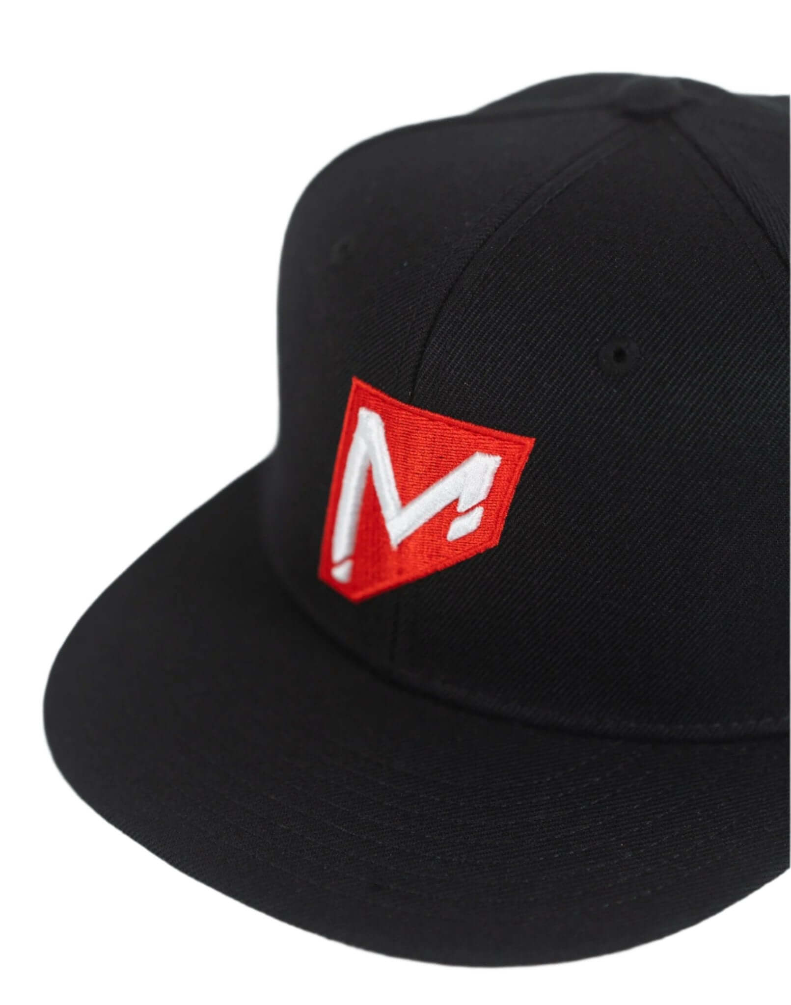 Black Momentum Snapback Hat featuring red embroidered logo, perfect for stylish and comfortable wear.