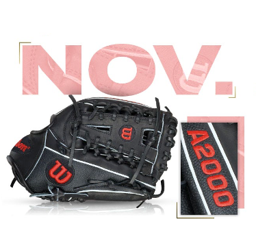 Wilson A2000 glove showcasing the November 2014 custom design by Mike Leake, featuring bold logo and quality craftsmanship.