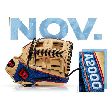 Wilson A2000 1785 baseball glove in custom November 2018 design, featuring a tan and blue color scheme.