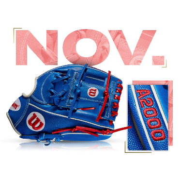 Wilson A2000 1781 SS custom glove in blue and red, featuring November graphics, showcasing style and performance.