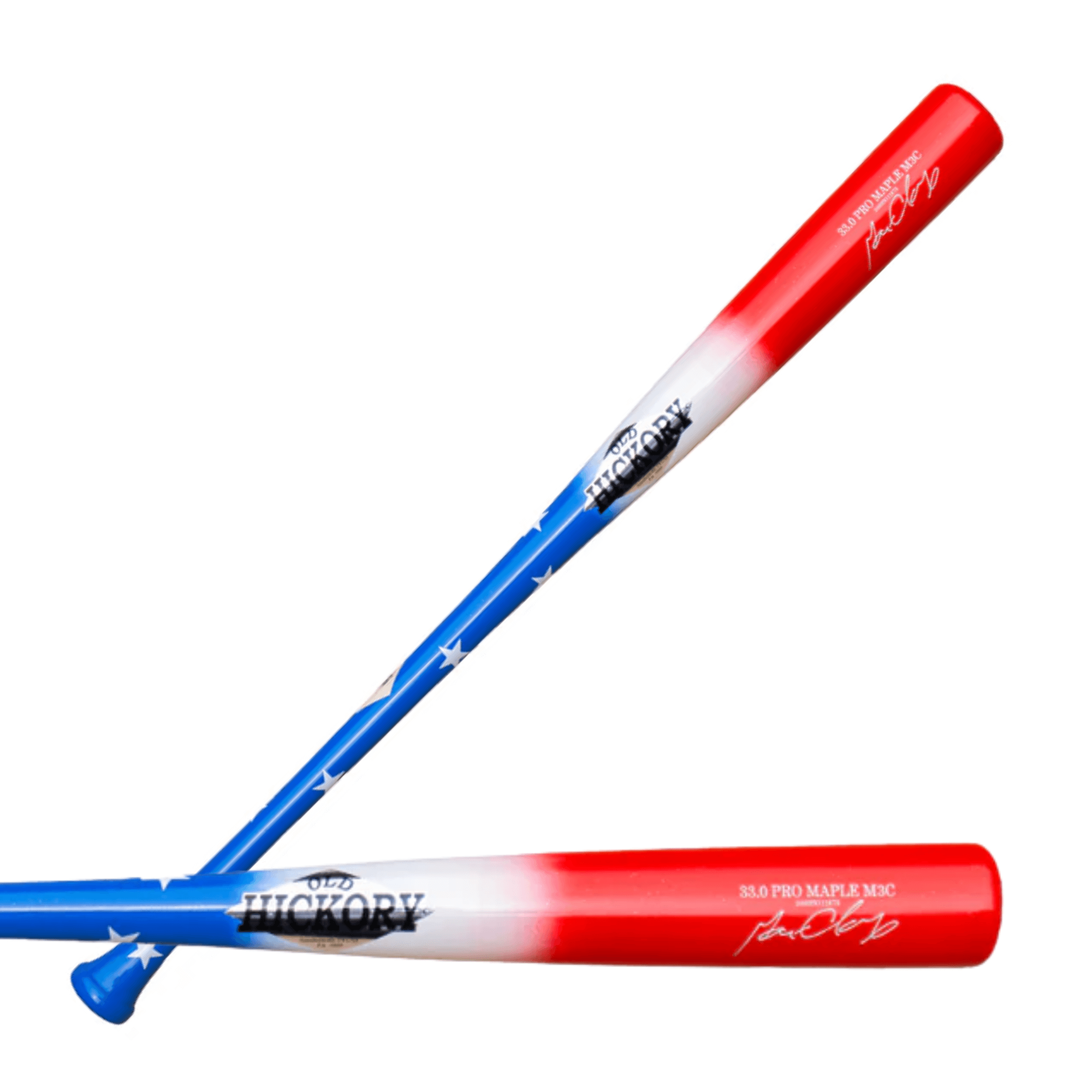 Old Hickory M3C Bomb Pop Limited Edition bat, red, white, and blue with star accents, medium barrel, flared knob for balanced swing.