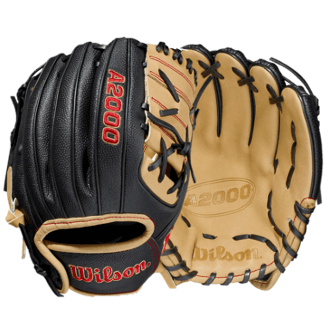 Wilson A2000 PFX2SS 11" Pedroia Fit infield baseball glove in black and blonde, designed for small hands, featuring Pro Stock leather.