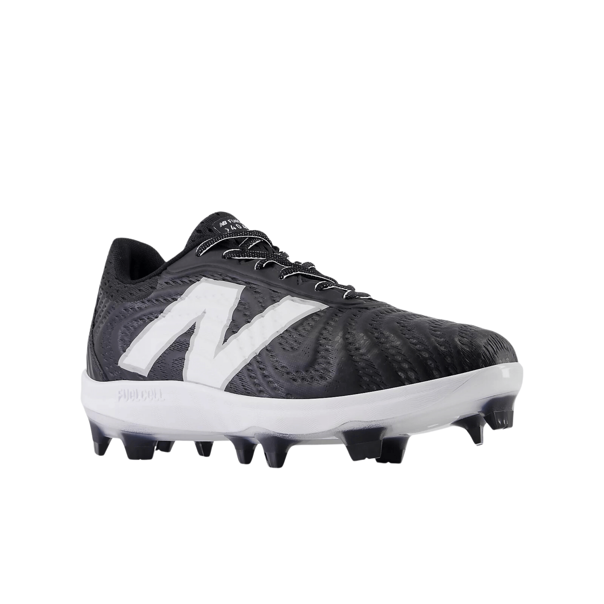 New Balance FuelCell 4040v7 molded cleat in black, featuring a full-length FuelCell midsole for elite athlete performance.