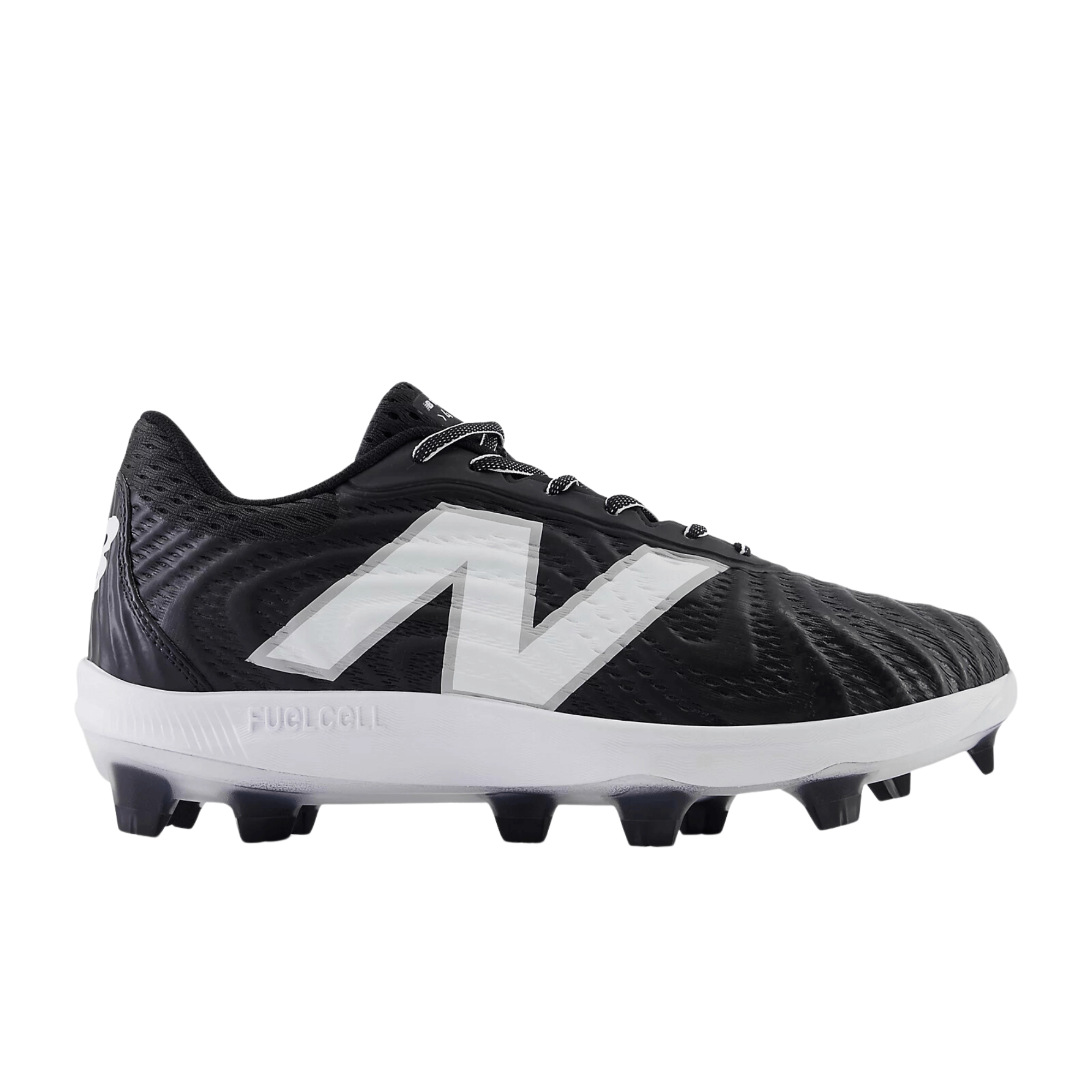 New Balance FuelCell 4040v7 molded cleat in black and white, featuring a full-length midsole for on-field performance.