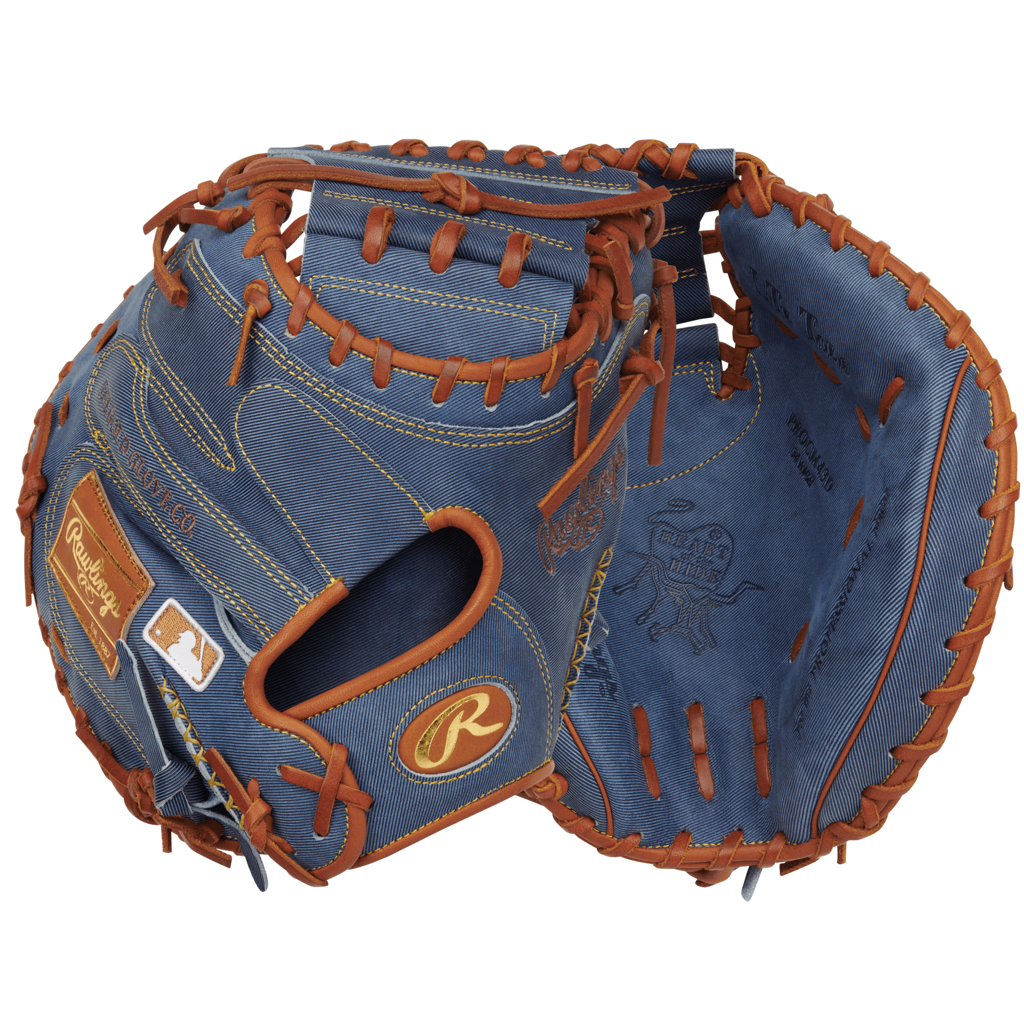 Rawlings Heart of the Hide Denim Edition Catchers Mitt 34" RHT with denim finish and brown stitching, showcasing its unique design.