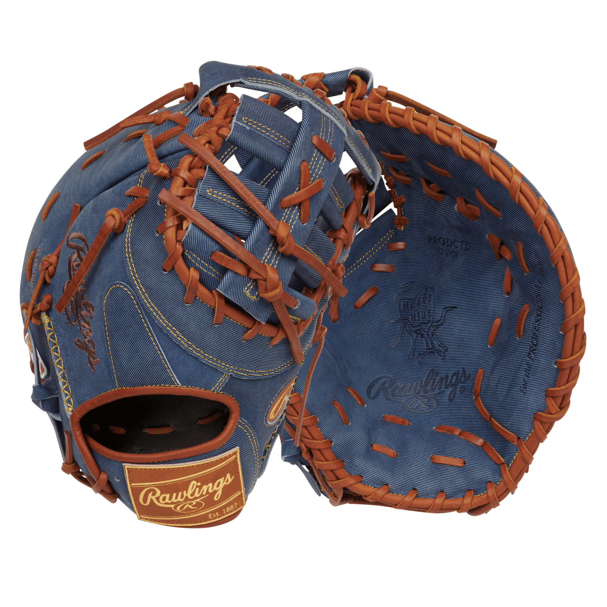 Rawlings Heart of the Hide Pro Label Denim Edition First Base Mitt 13" with brown stitching and denim finish.