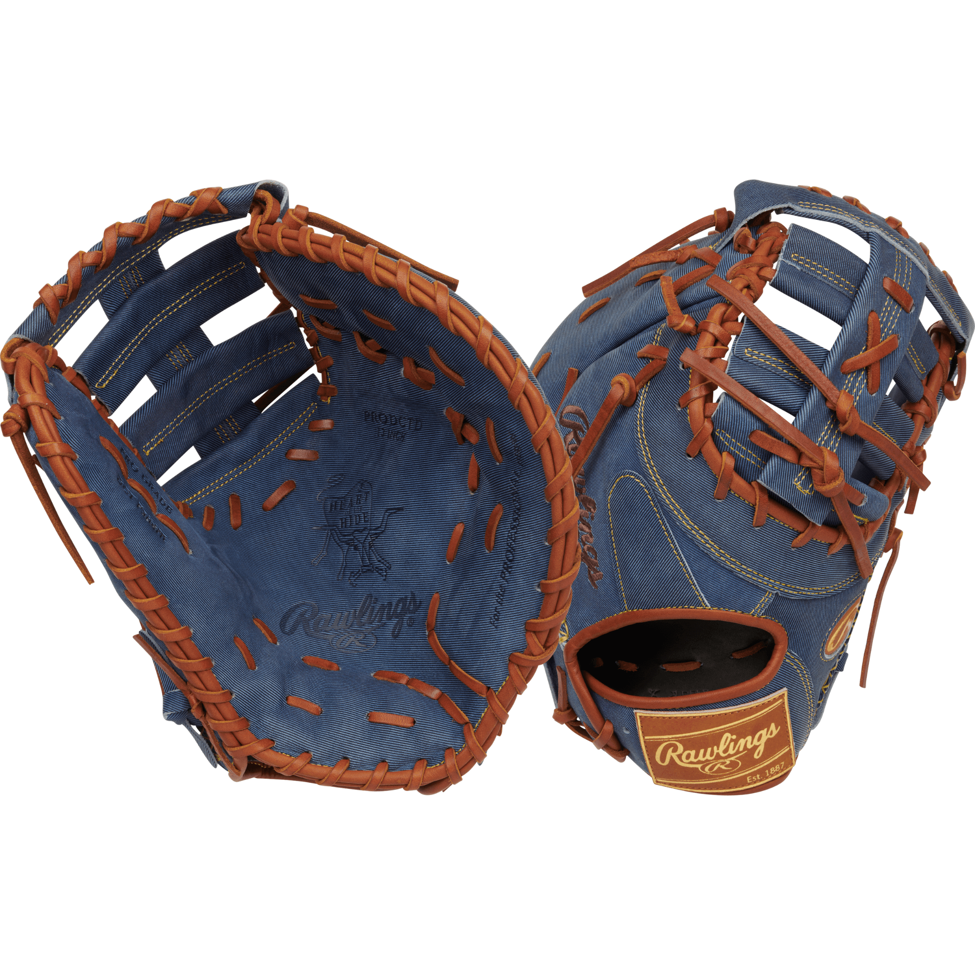 Rawlings Heart of the Hide Pro Label Denim Edition First Base Mitt 13" RHT with denim finish and brown stitching.