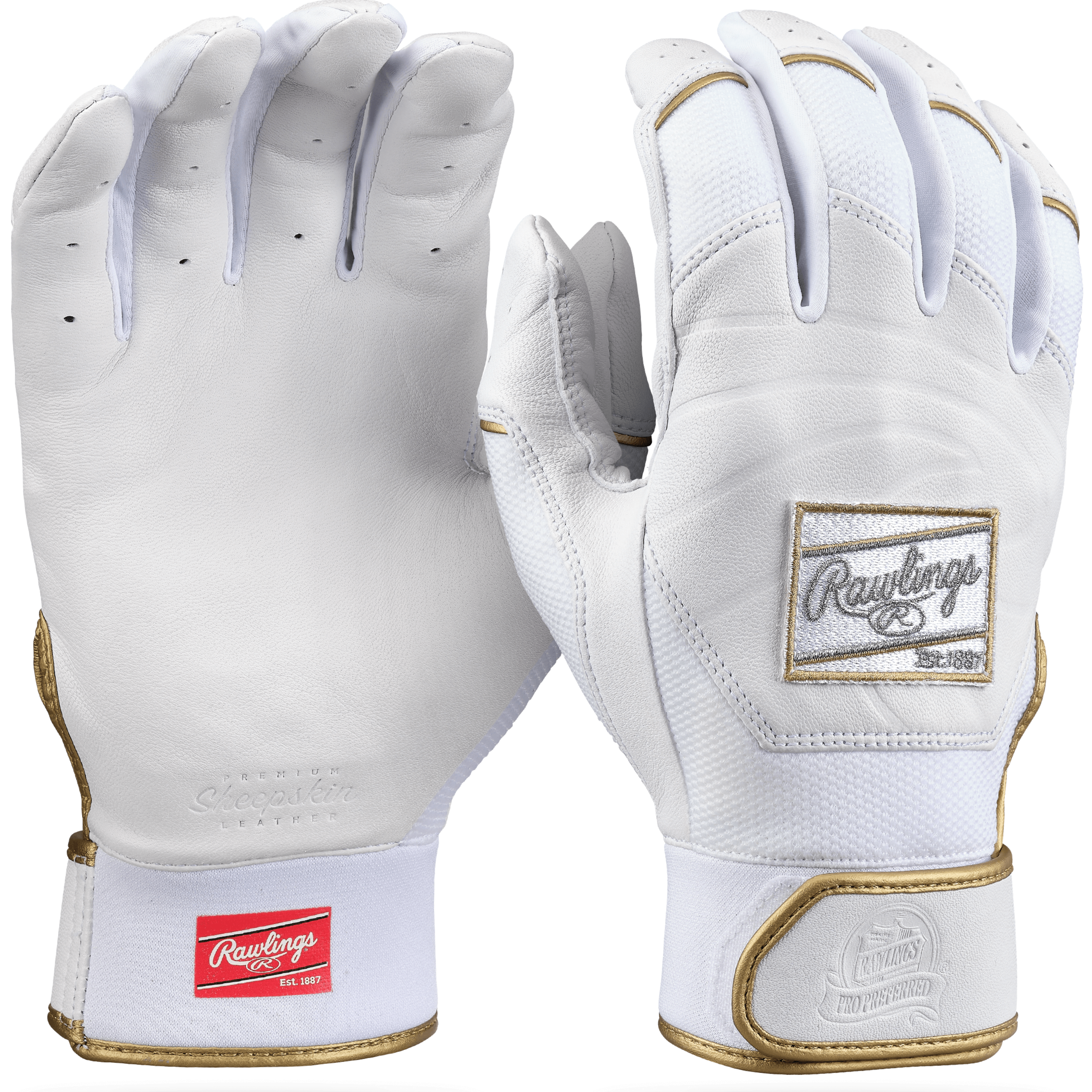 Rawlings Adult Pro Preferred Batting Gloves in white, showcasing smooth leather and flexible wrist cuff for superior performance.