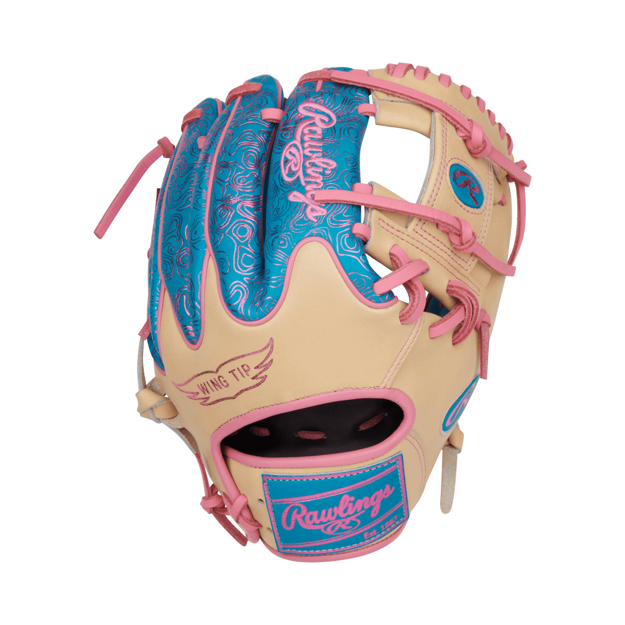 Rawlings Vibrant Series Heart of the Hide 11.5" glove in teal, camel, and pink, featuring 200 Wingtip pattern and Pro-I web.