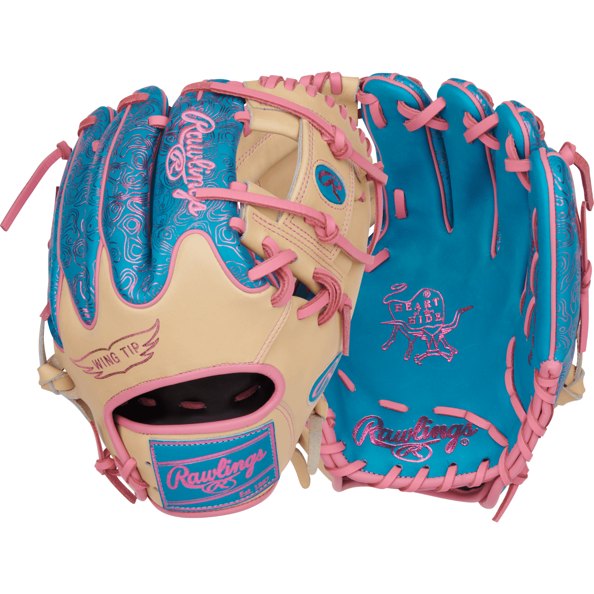 Rawlings Vibrant Series Heart of the Hide 11.5" glove in teal, camel, and pink with 200 Wingtip pattern.