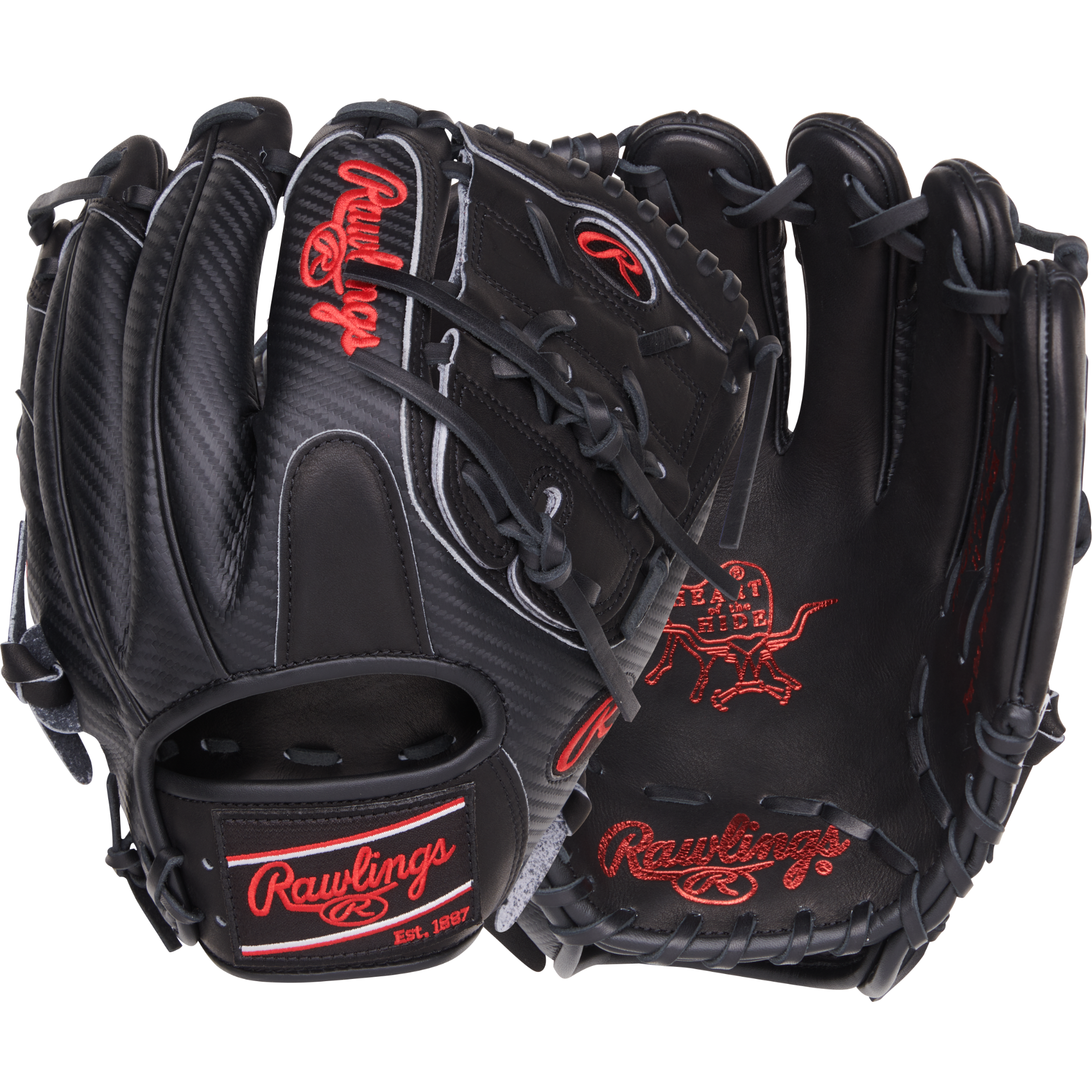  Rawlings Heart of the Hide 11.75" Black Infield/Pitcher's Glove, front and back view with black hypershell design.