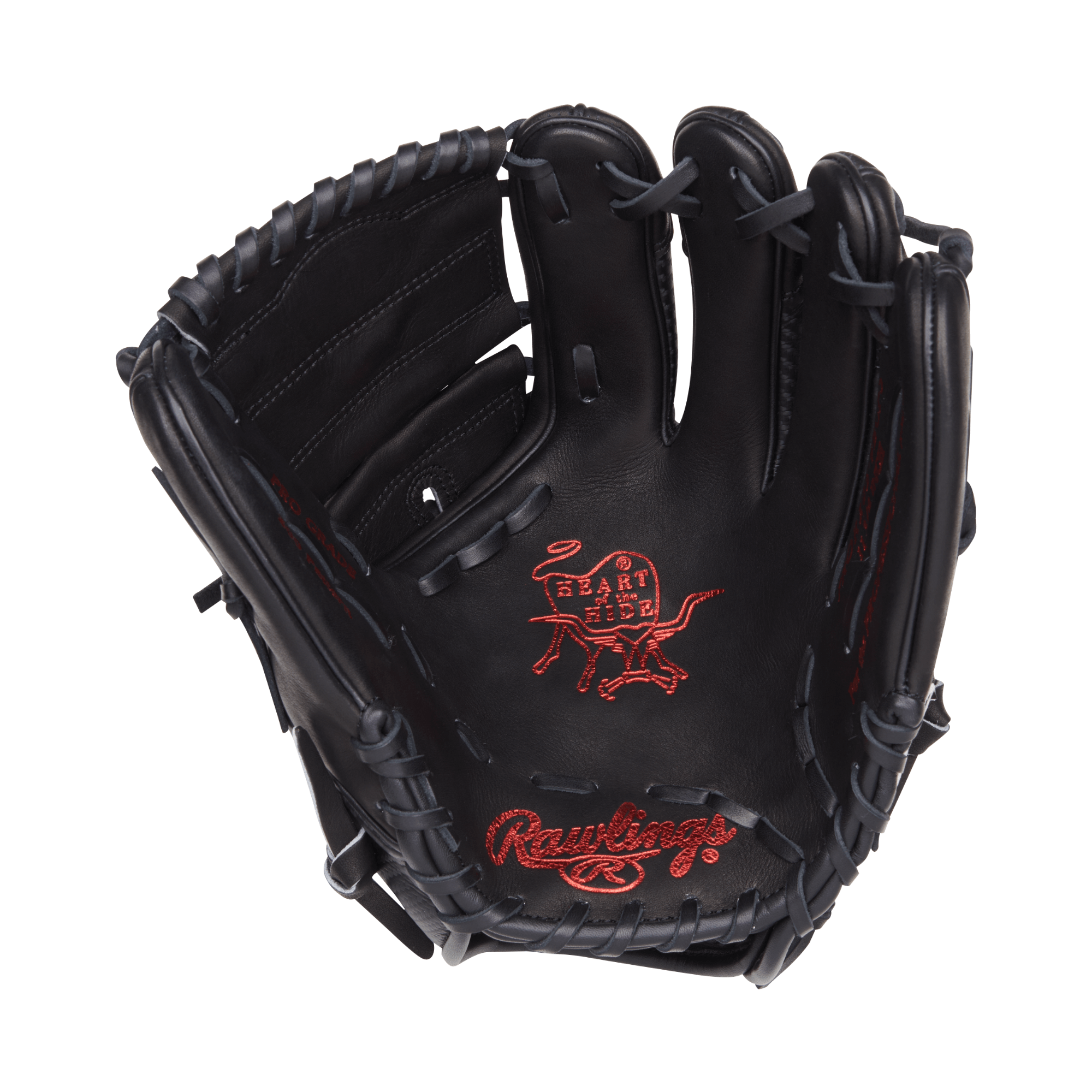 Front view of Rawlings Heart of the Hide Glove, showcasing luxurious all-black look and red features on patch and stamp.