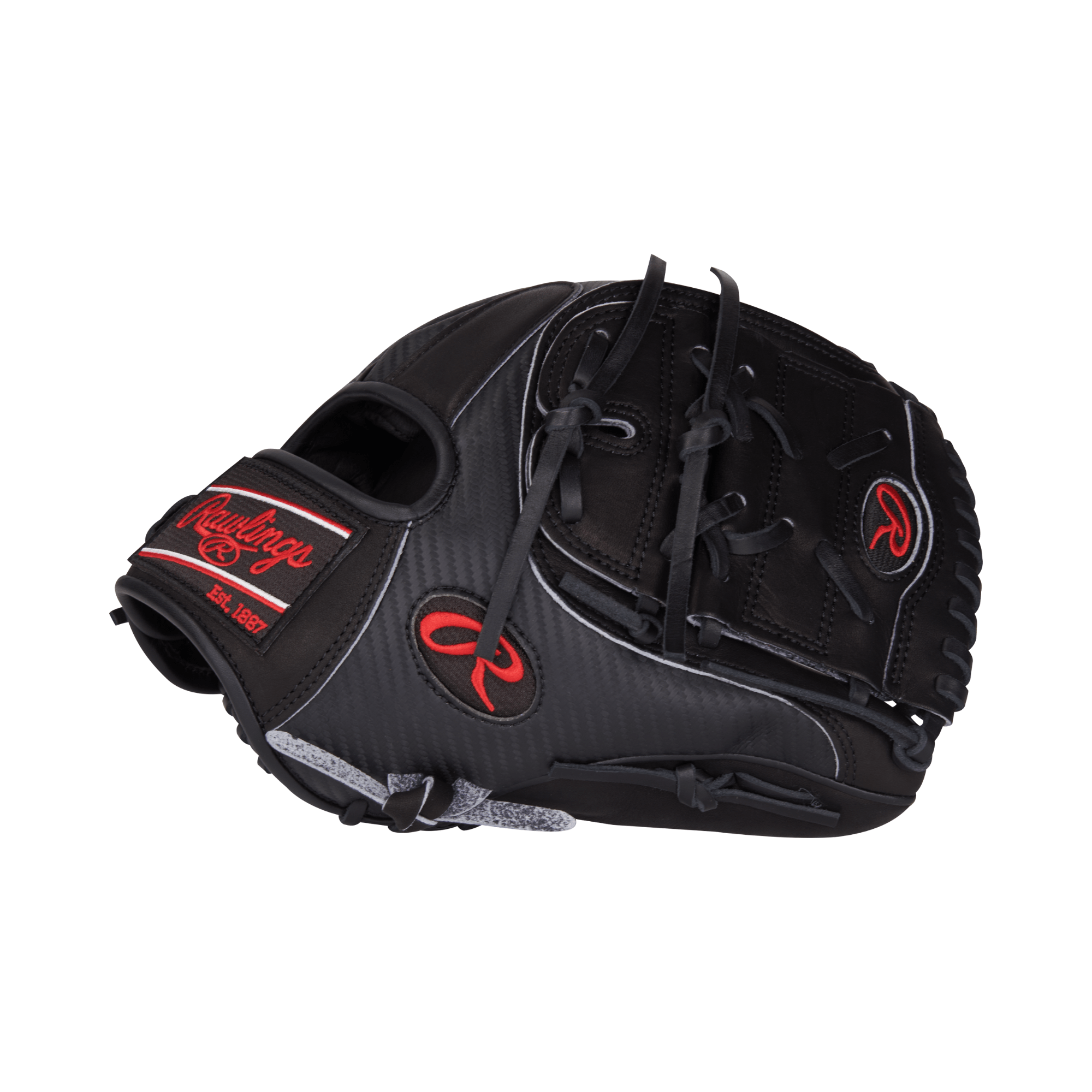 Close-up of thumb area, demonstrating high-quality black leather and cohesive design in Rawlings 11.75" Glove.