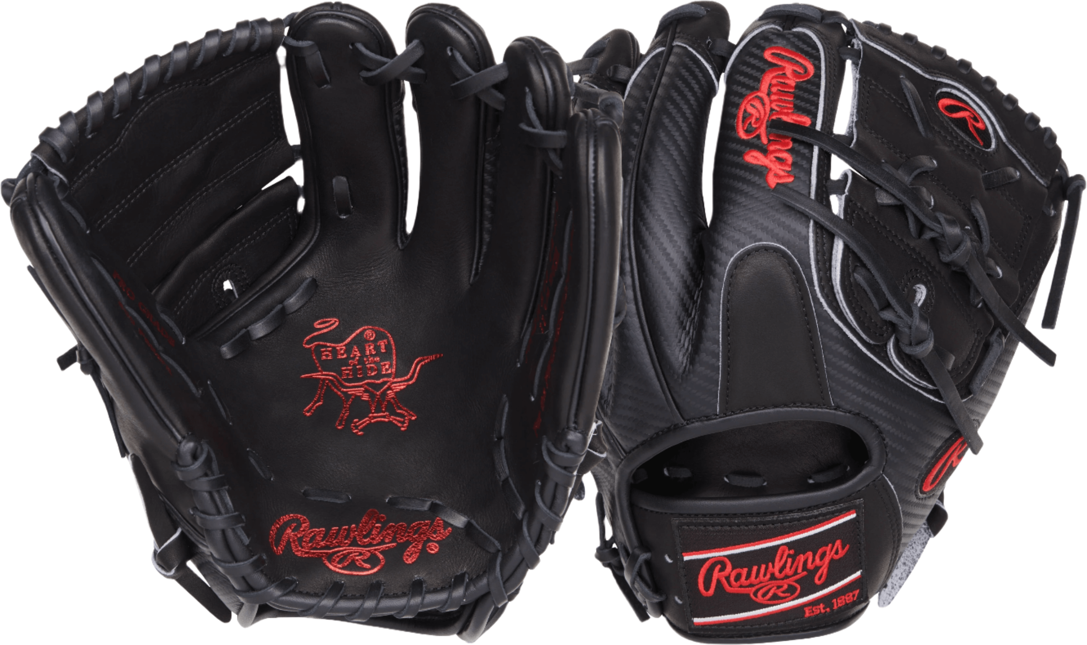 Rawlings Heart of the Hide 11.75" Black Infield/Pitcher's Glove, front and back view with black hypershell design.