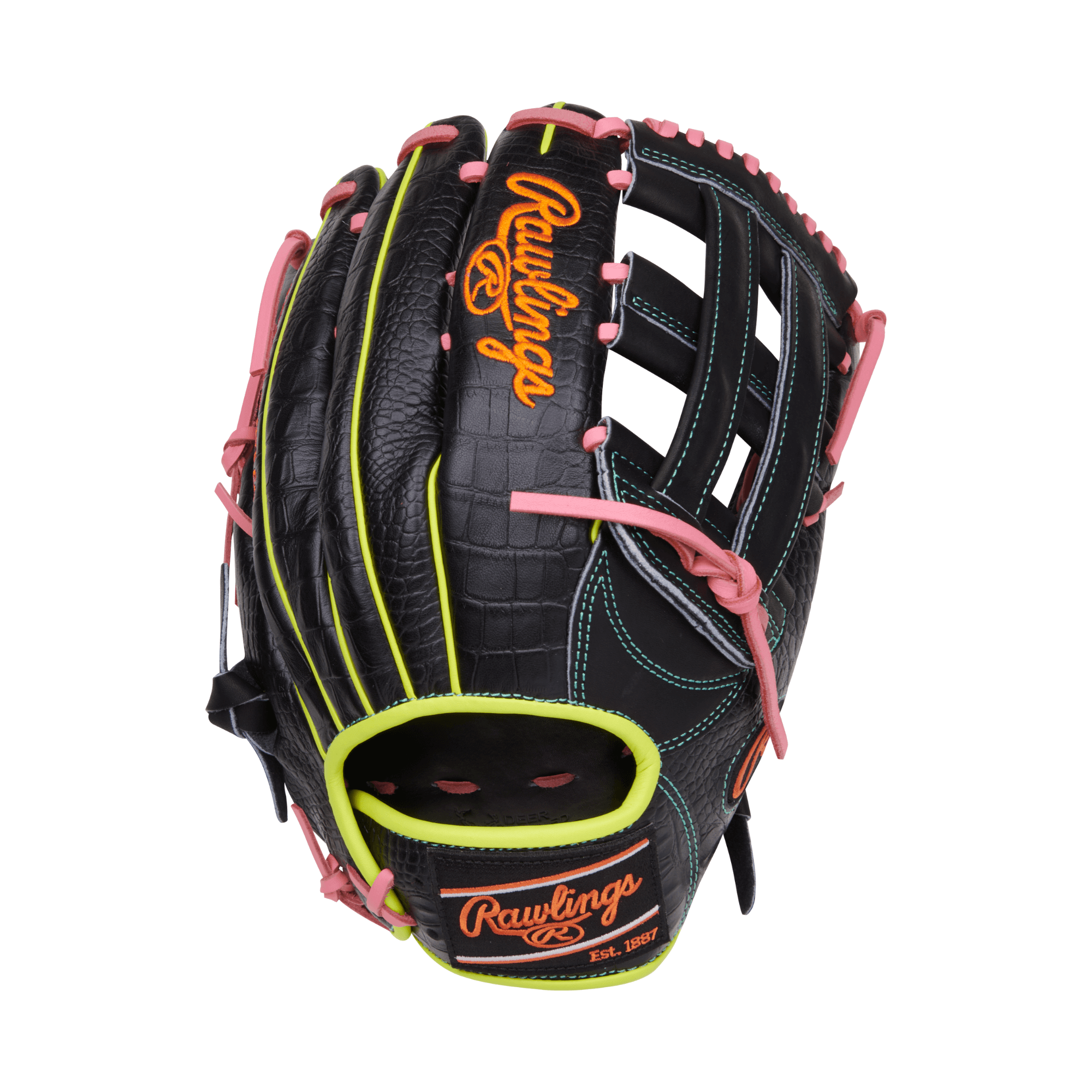 Back view highlighting croc skin leather accents and an orange and black embroidered patch logo.