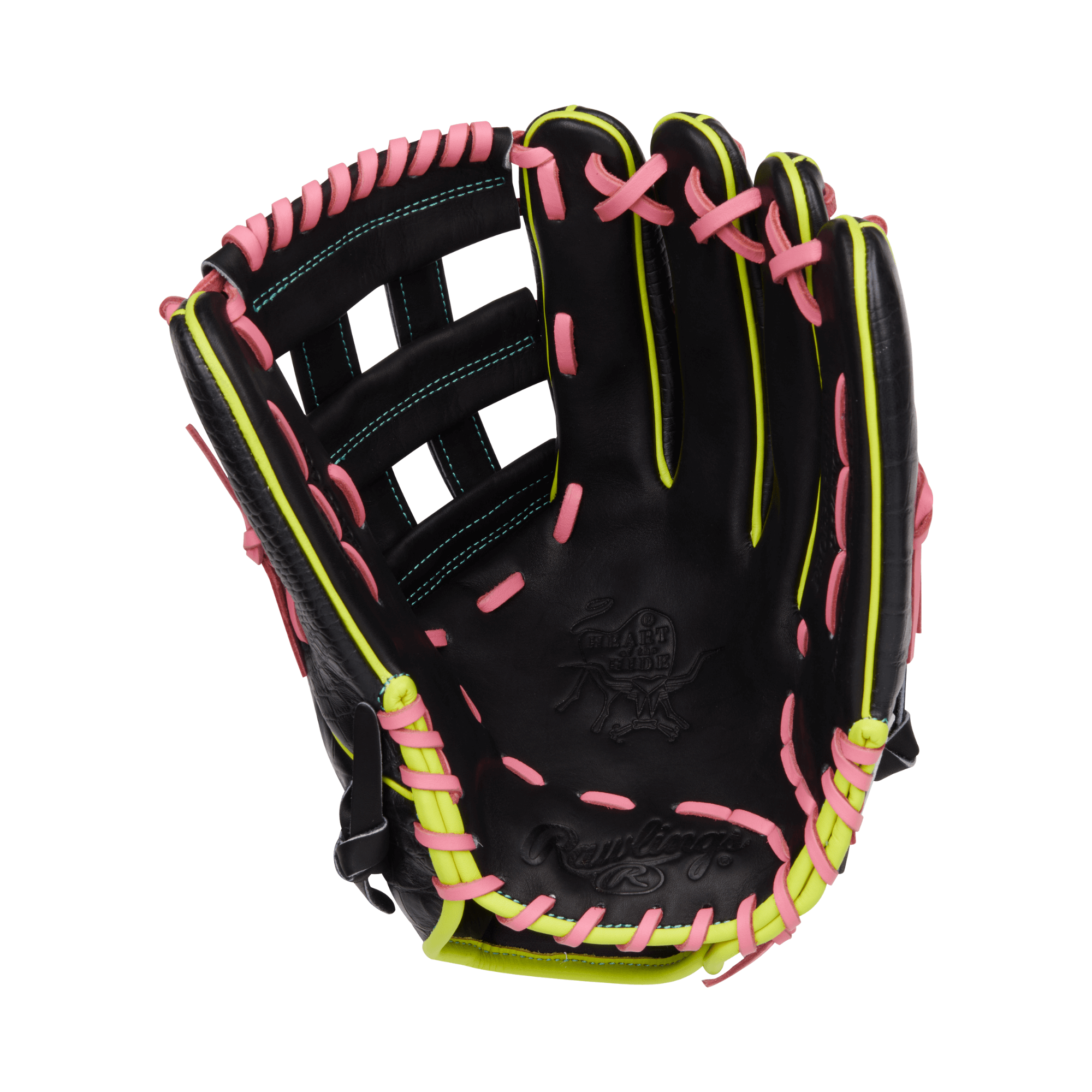 Palm view showing the Pro H™ web and extra deep pocket for greater ball security in the RGGC 12.75" outfield glove.