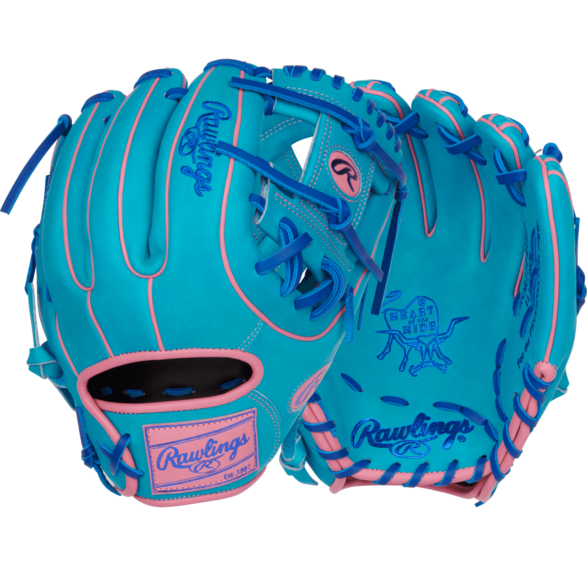 Rawlings Vibrant Series Heart of the Hide 11.5-inch glove in teal, royal, and pink with Pro-I web design.