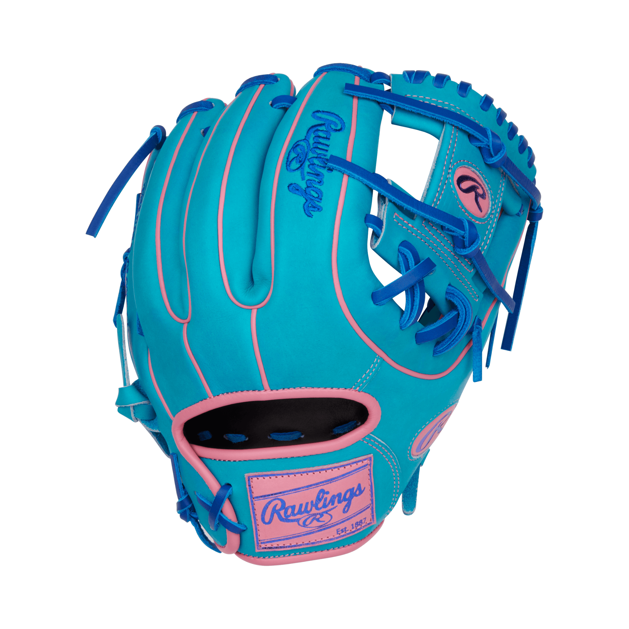 Rawlings Vibrant Series Heart of the Hide 11.5-inch glove in teal, royal, and pink with Pro-I web design.