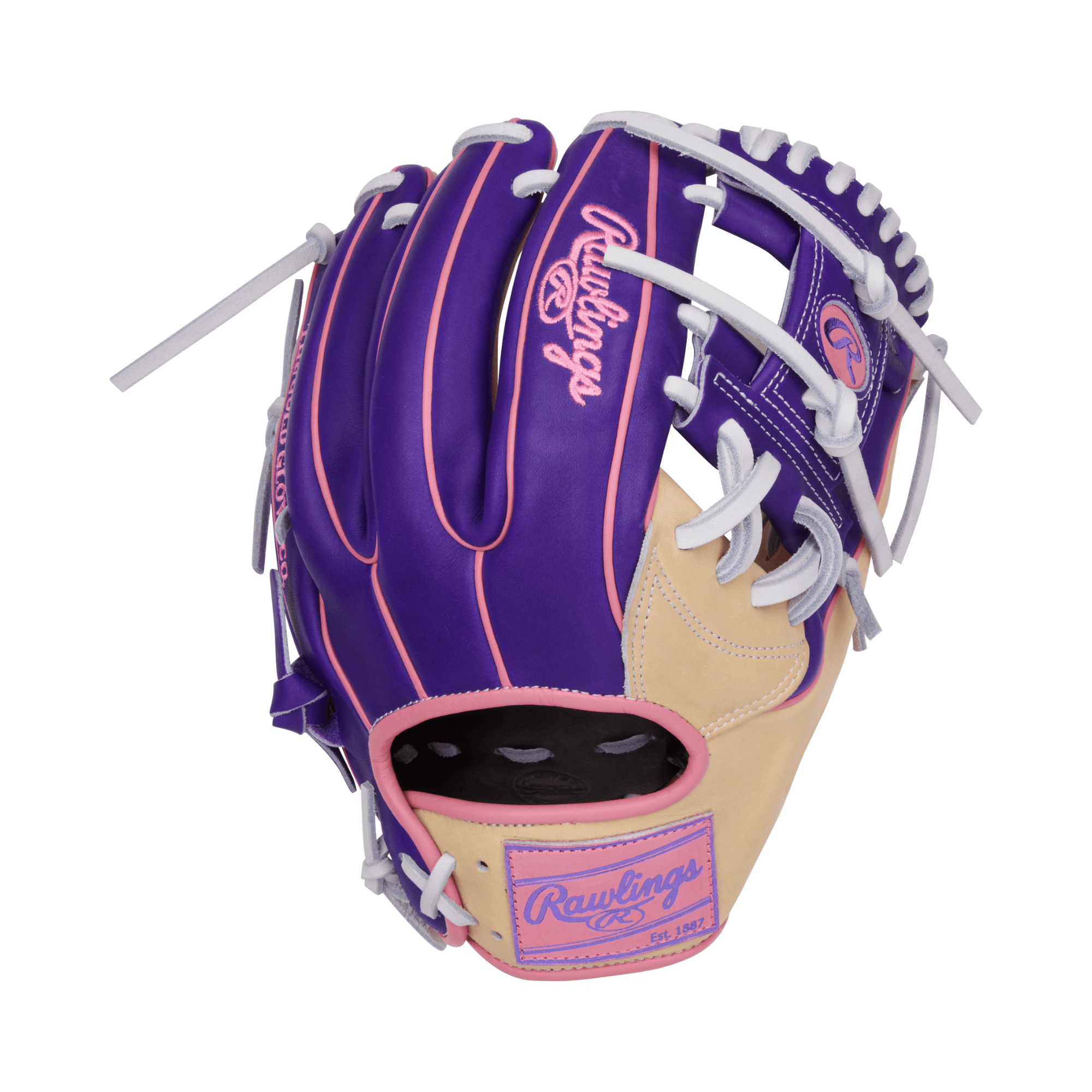 Rawlings Vibrant Series Heart of the Hide 11.5-inch glove in camel, purple, and pink, designed for performance and style.