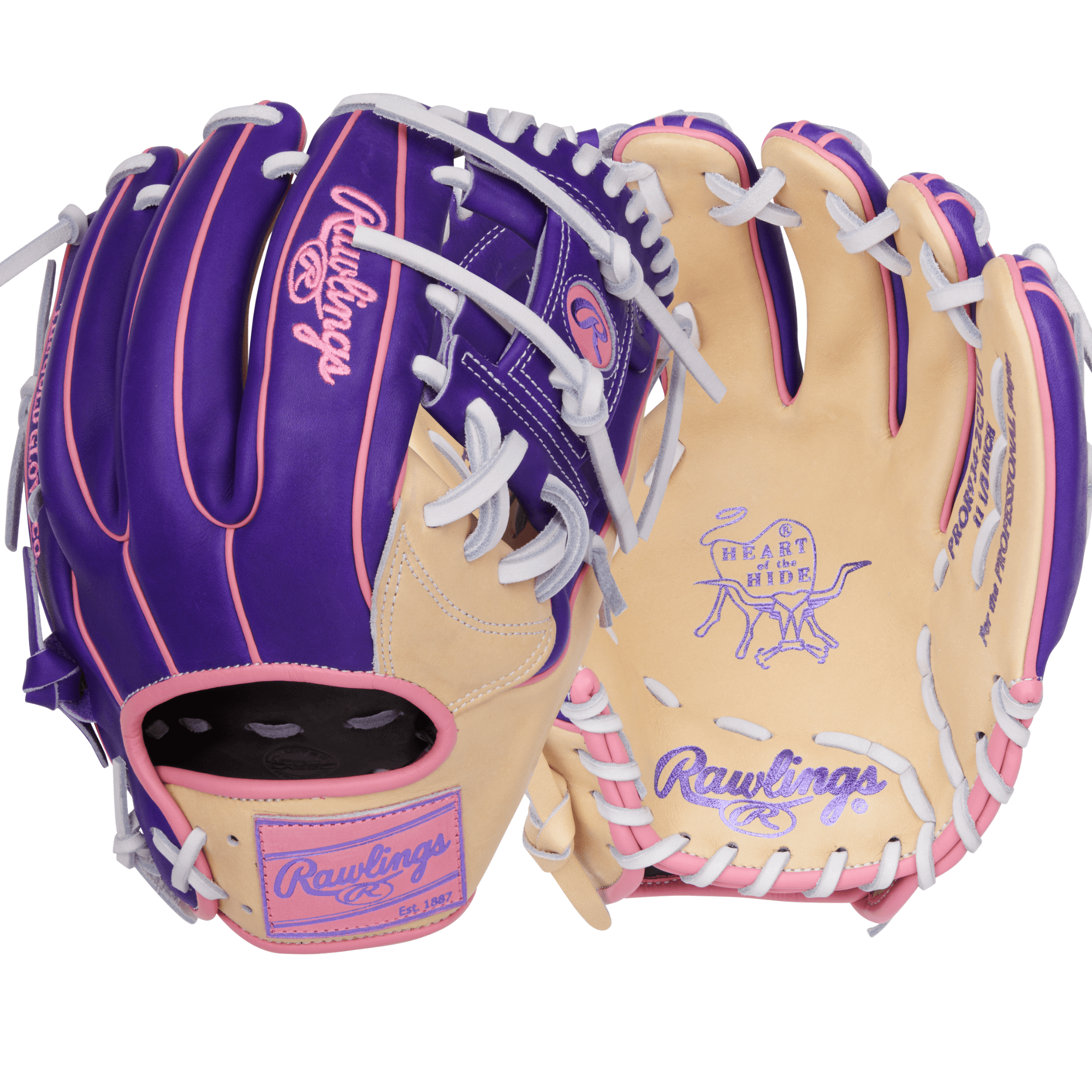 Rawlings Vibrant Series Heart of the Hide glove in camel, purple, and pink, featuring Pro-I web design and premium leather.