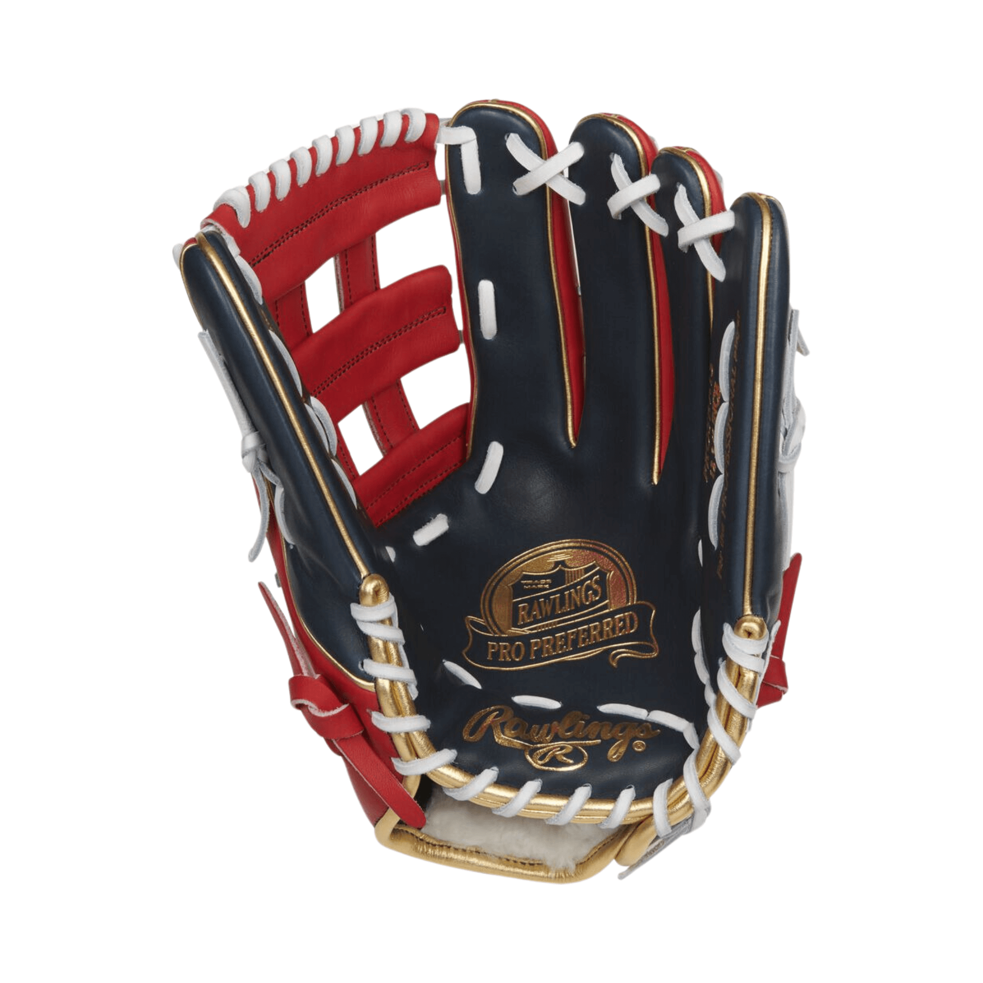 Rawlings Ronald Acuna Jr Pro Preferred 12.75 outfield glove, full-grain kip leather, scarlet, navy, and white design