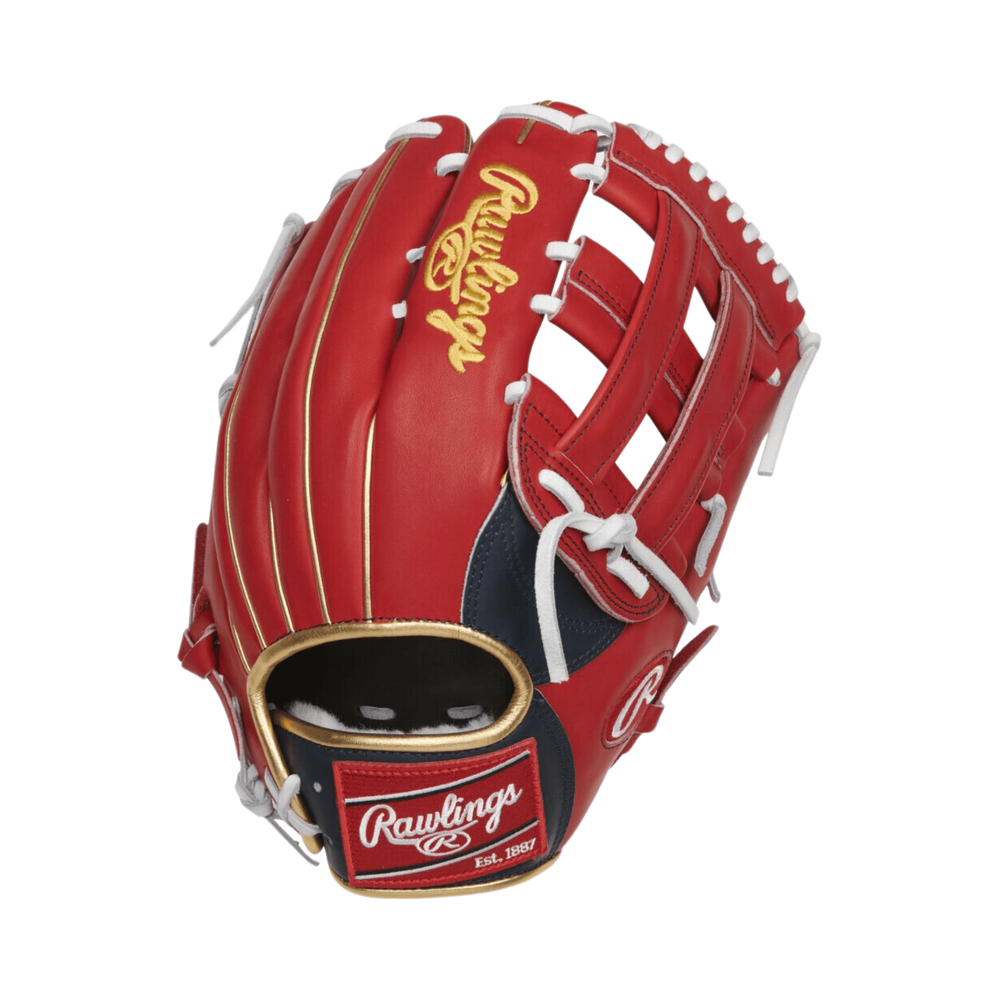 Rawlings Ronald Acuna Jr Pro Preferred 12.75 outfield glove, full-grain kip leather, scarlet, navy, and white design