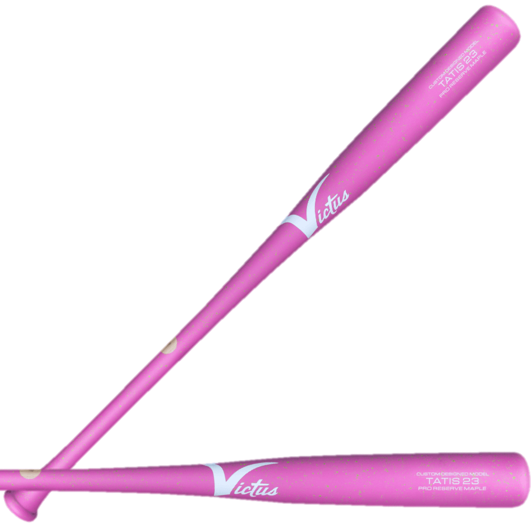 Victus Tatis23 Pro Reserve Maple baseball bat in pink and green with flared knob and large barrel for power hitting.