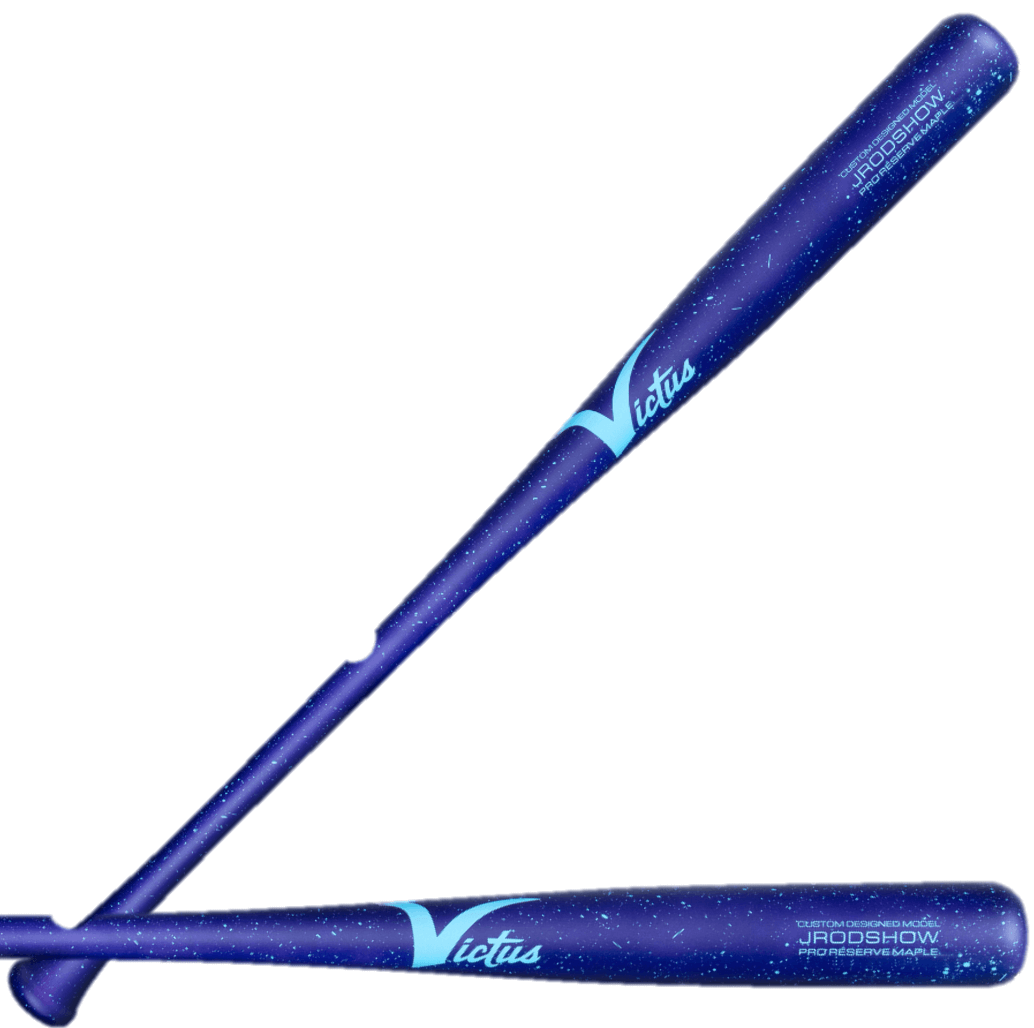 Victus JROD SHOW Pro Reserve bat in purple and Columbia blue, flared knob, large barrel, end-loaded for optimal baseball performance.