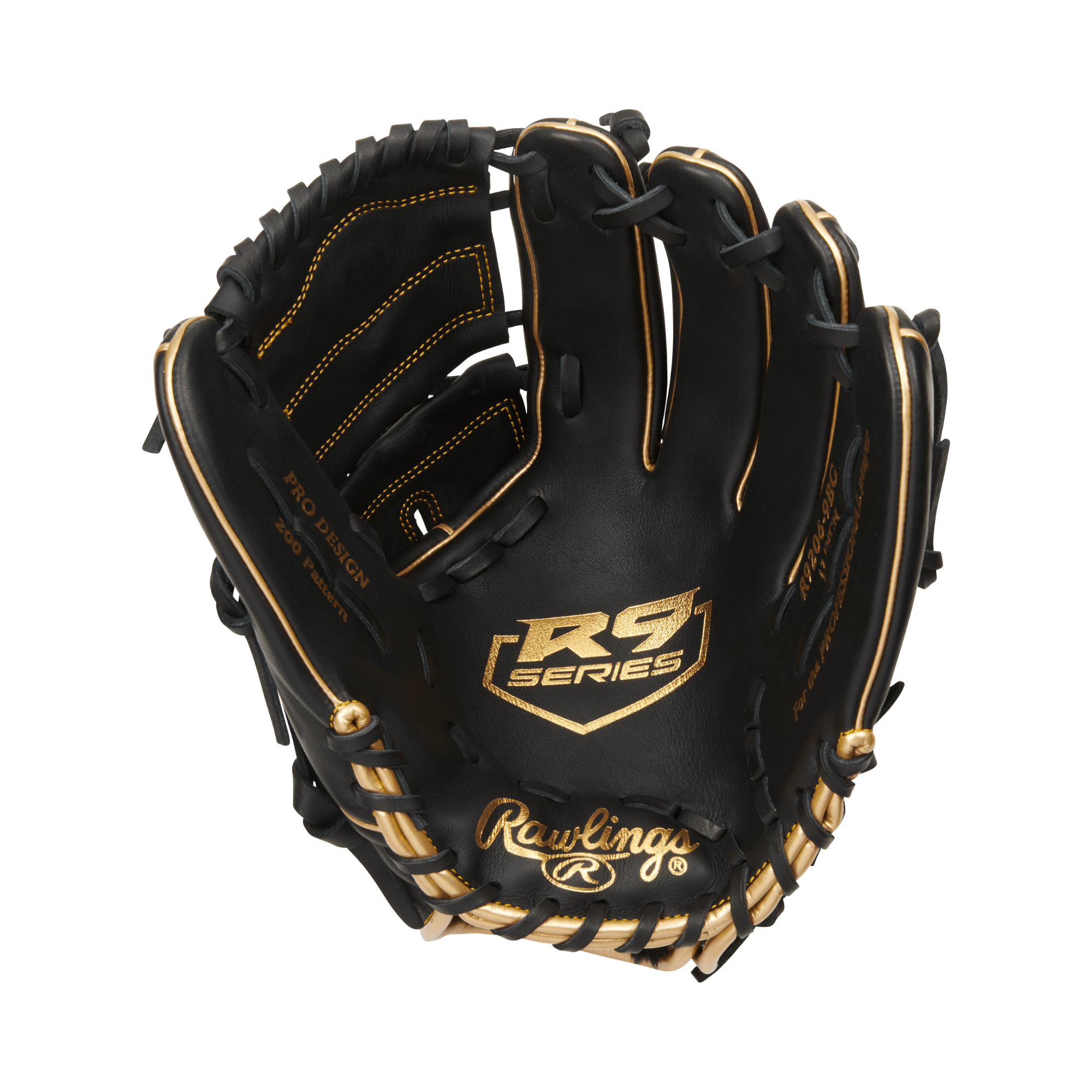 Rawlings R9 Pitcher Glove 12-inch LHT, soft durable leather, black with gold accents