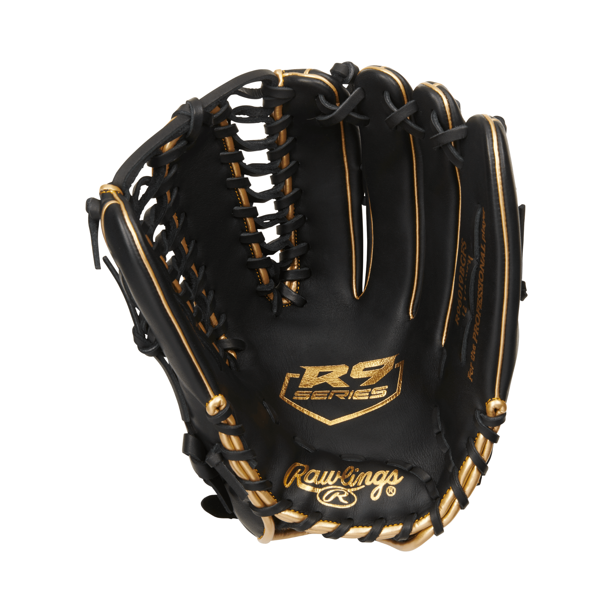 Rawlings R9 Series 12.75-inch outfield glove, black and gold, Fastback, Trap-Eze web, RHT, padded liners.