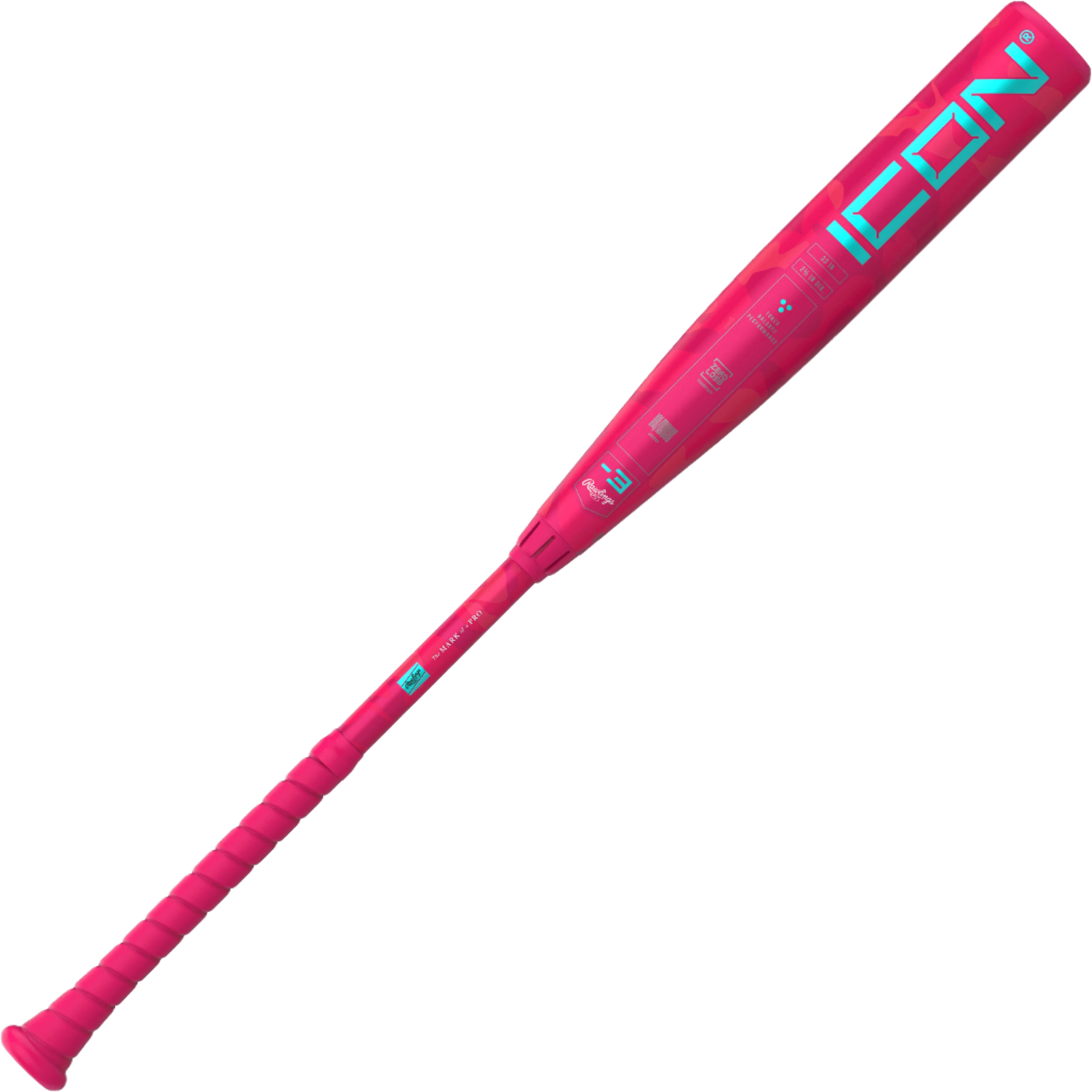 Bold pink colorway on front view of Rawlings Icon Electric Unicorn Bat for maximum visual impact.