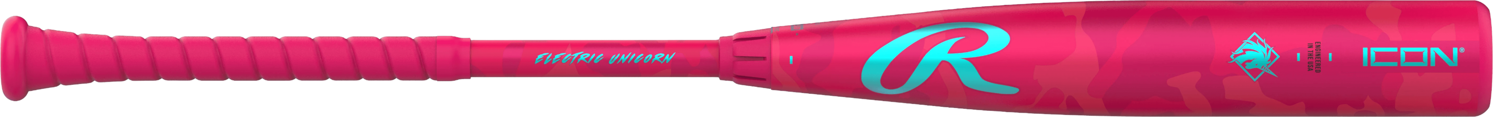 Dynamic view of Rawlings Icon Electric Unicorn Bat's front, showing vibrant pink and blue combination.