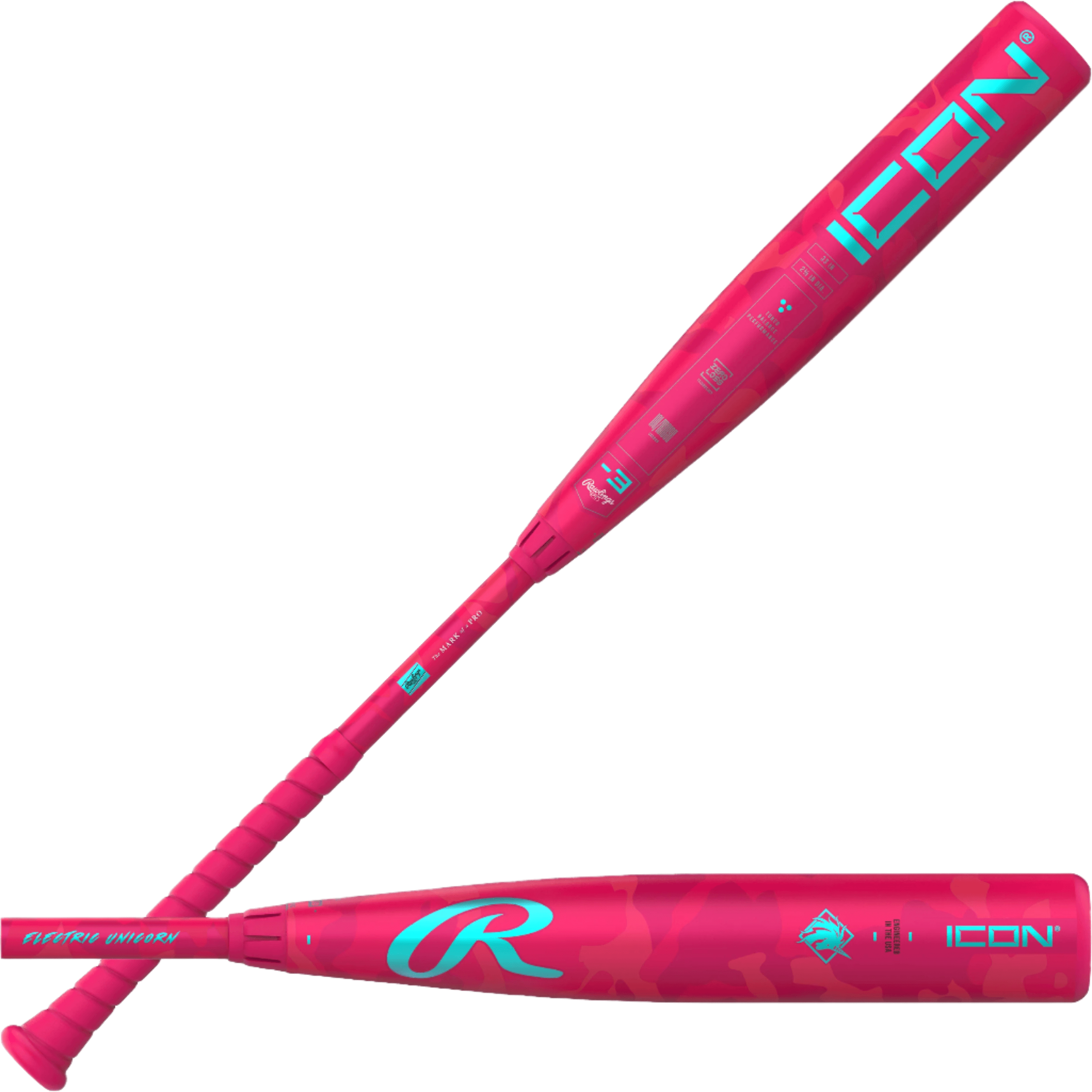 Front and back view of Rawlings Icon Electric Unicorn Bat showcasing striking pink/blue design.
