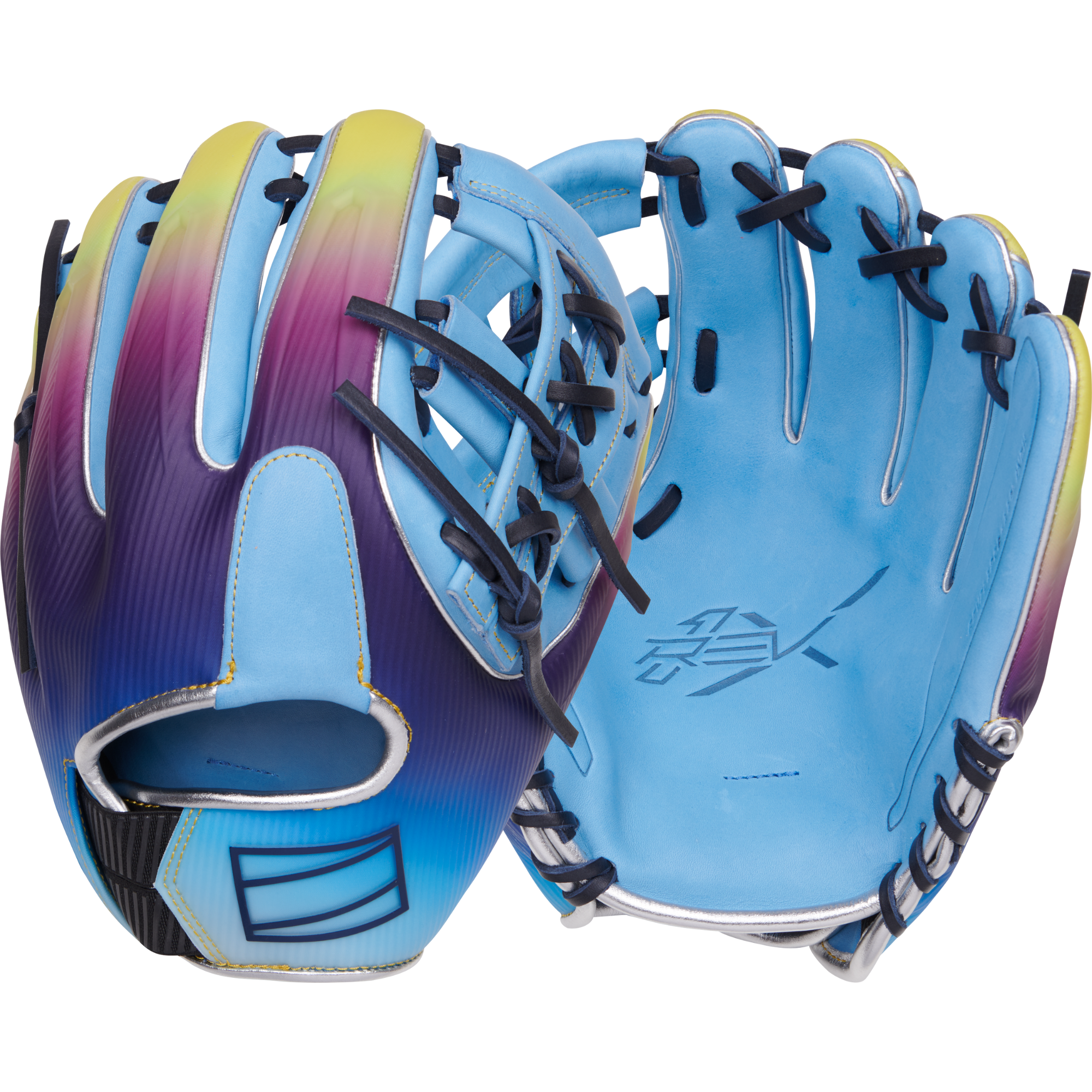 Rawlings REV1X Francisco Lindor 11.75" glove in Columbia blue with vibrant color transition and premium leather.