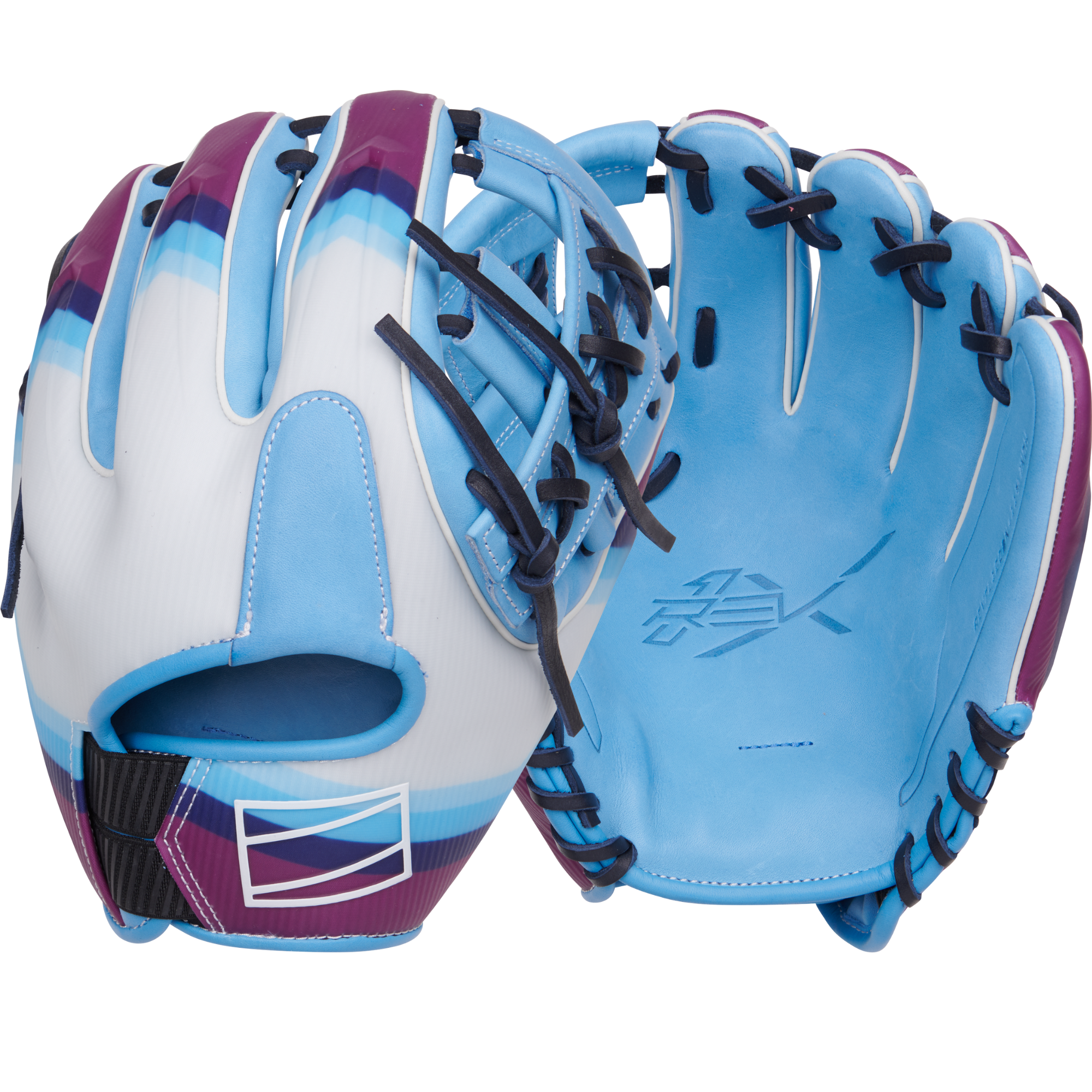 Rawlings REV1X Francisco Lindor 11.75-inch gameday glove in Columbia blue and navy, showcasing a unique futuristic design.