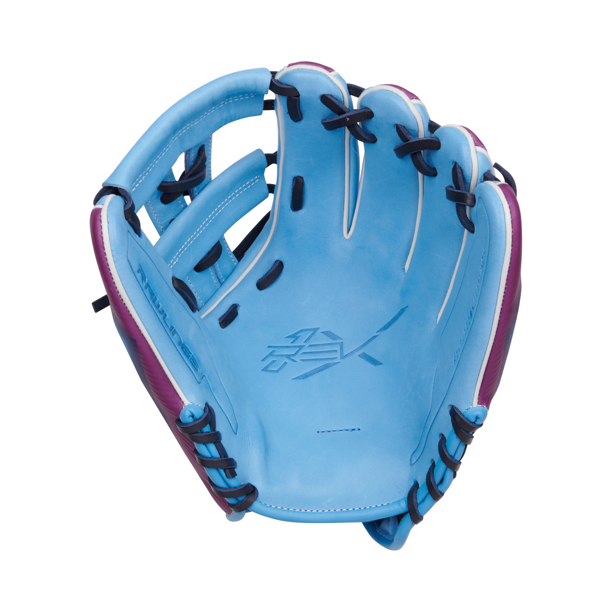 Front view of Lindor REV1X 11.75" glove, showcasing Heart of the Hide Columbia blue leather palm for enhanced play impact