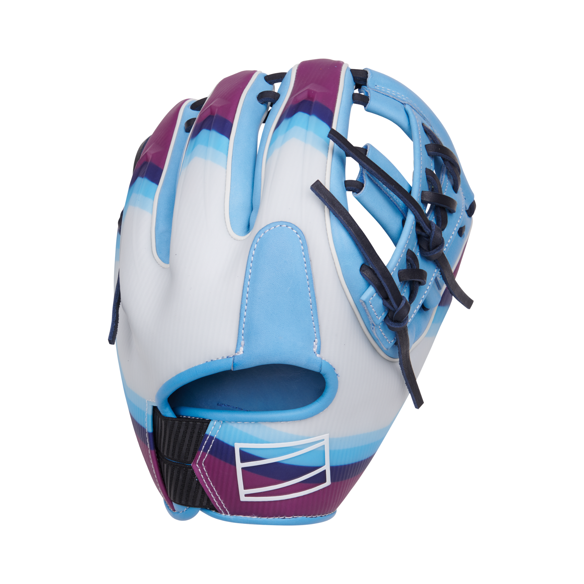 Back view of Lindor REV1X 11.75" glove, highlighting unique Columbia and navy shellback with futuristic design elements