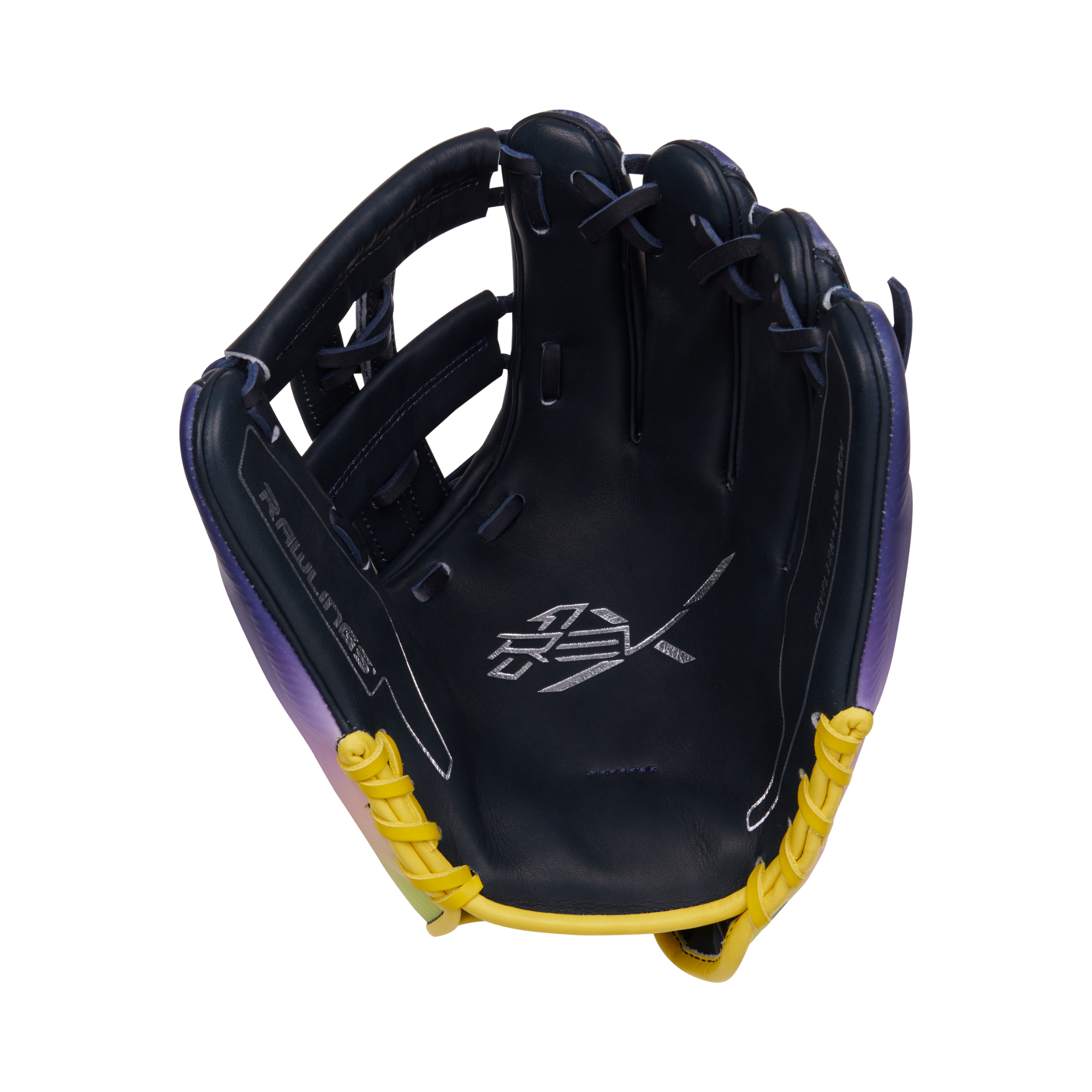 Front view of Francisco Lindor REV1X glove, showcasing Heart of the Hide black leather palm for commanding infield performance.