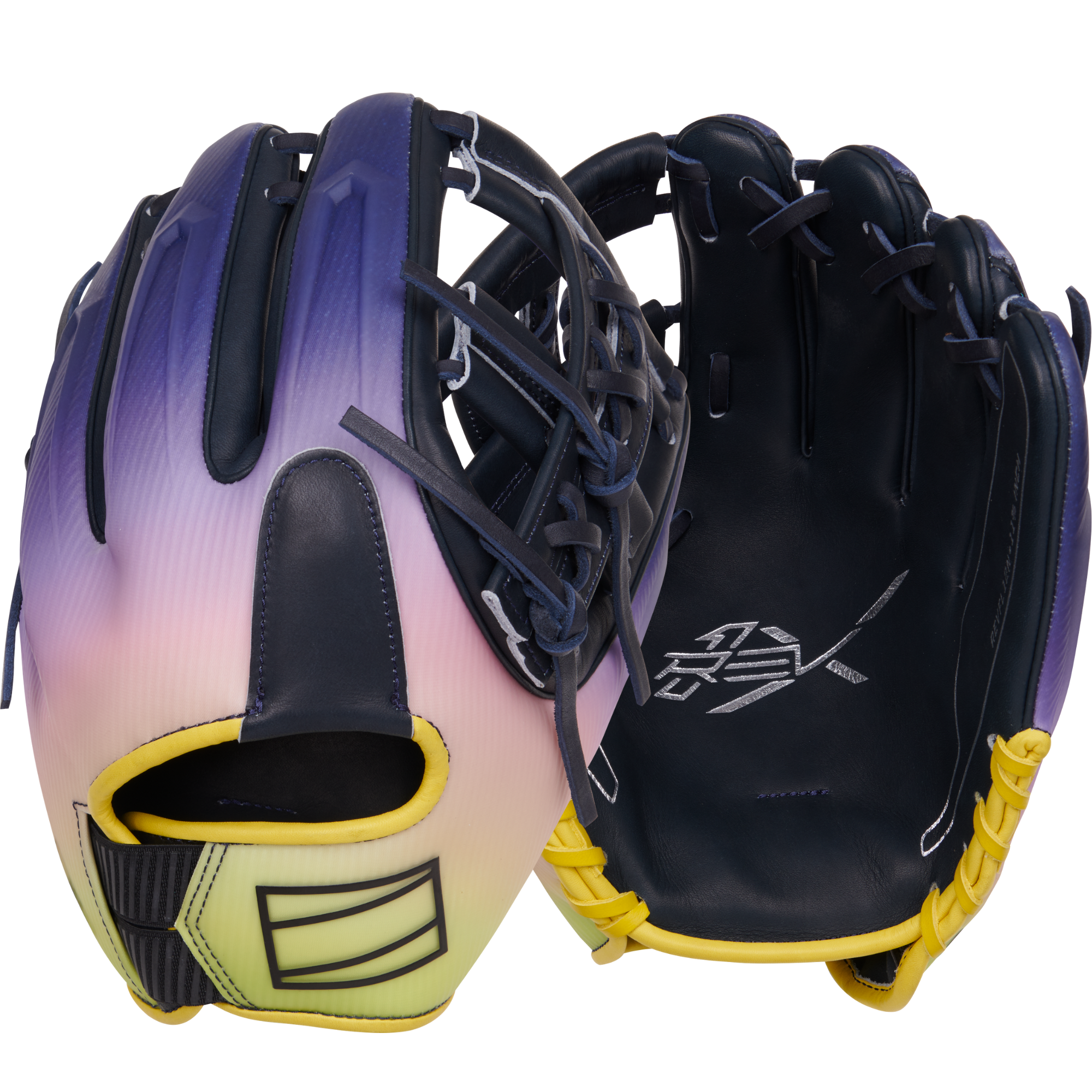 Rawlings REV1X Francisco Lindor Gameday glove in yellow and navy with a unique color gradient and premium black leather palm.