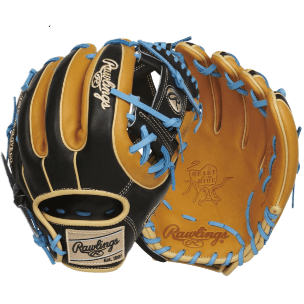 Rawlings Heart Of The Hide 11.75" baseball glove in black and tan with Columbia blue laces, designed for infield play.