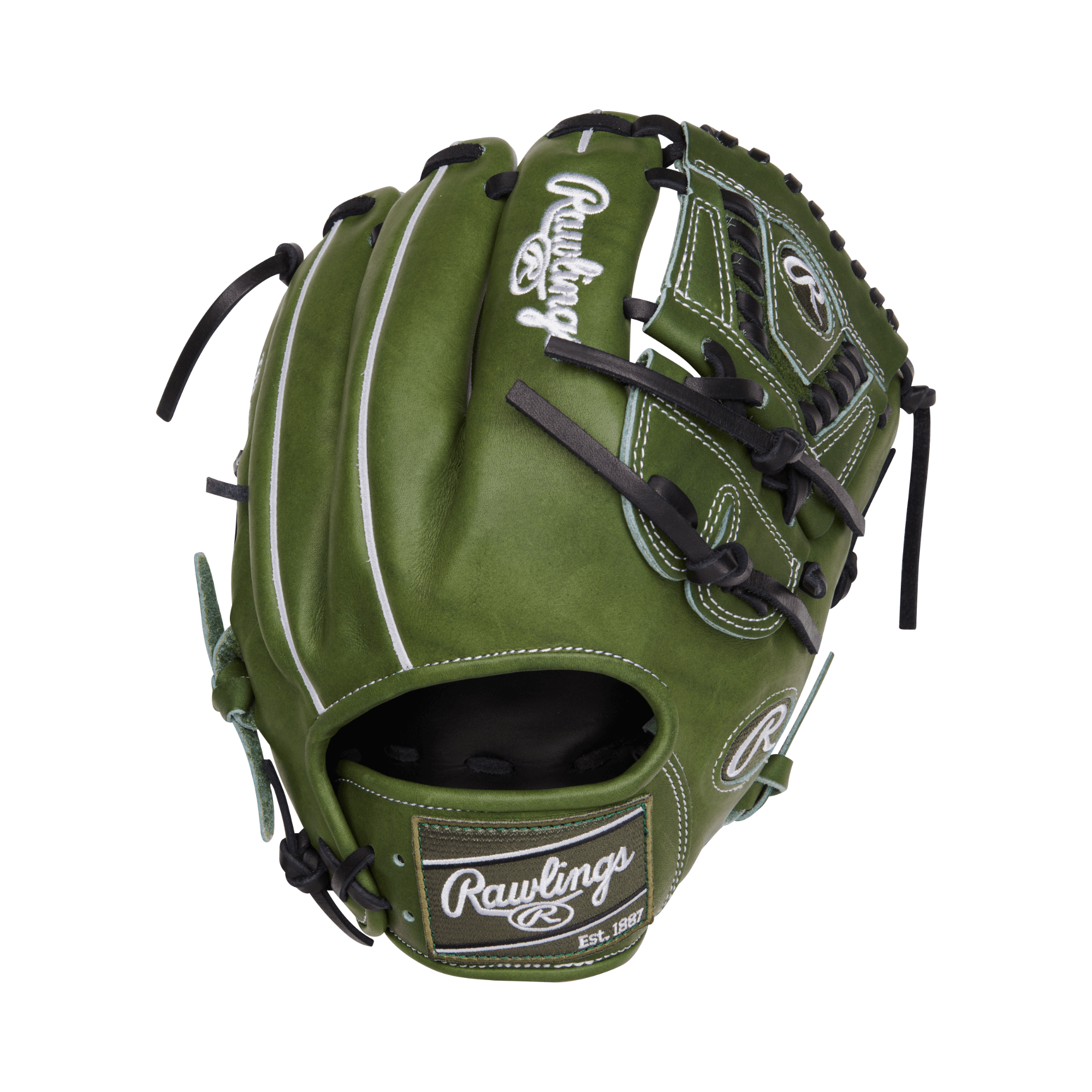 Rawlings Military Green Heart of the Hide 11.75" fielders glove showcasing premium leather and laced two-piece web design.