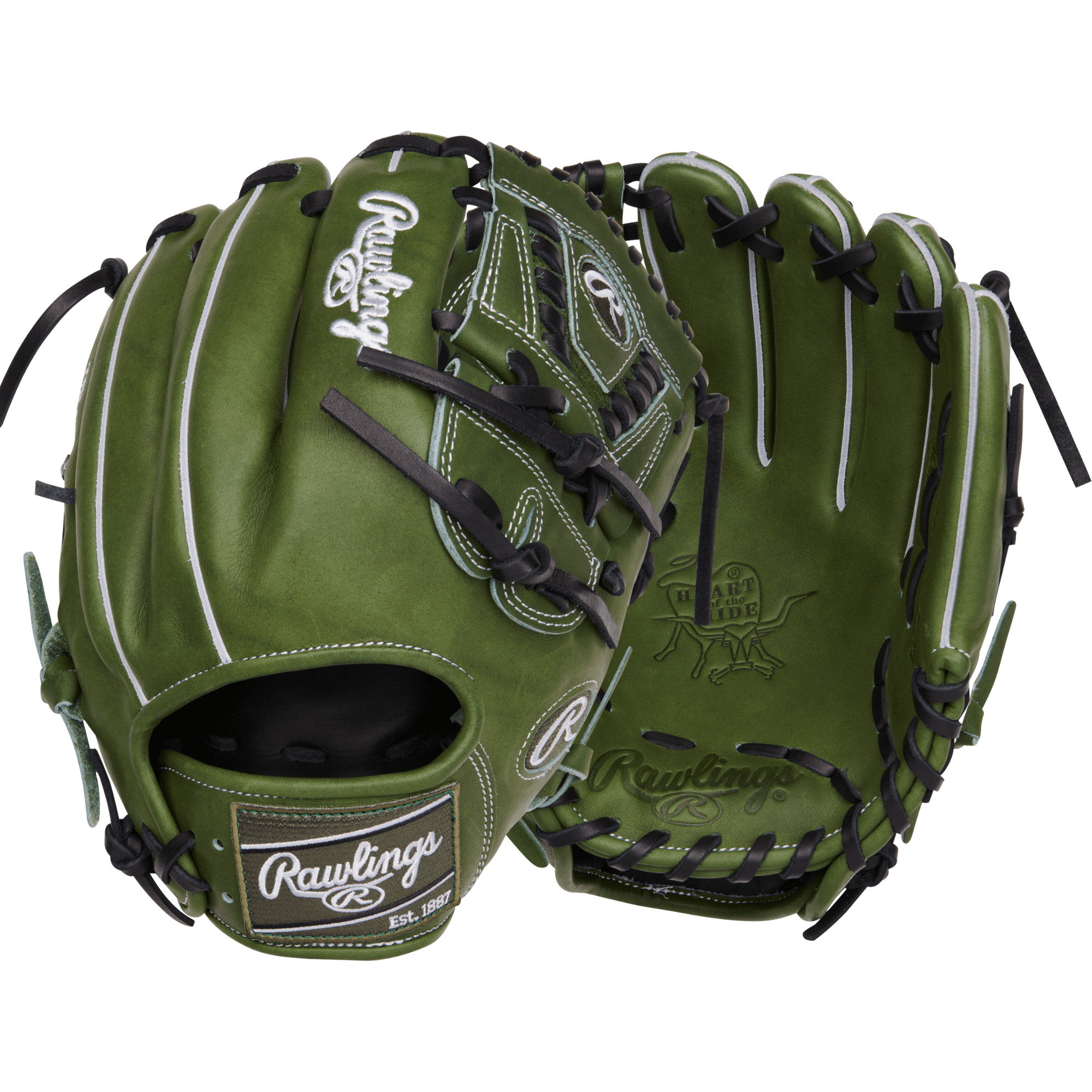 Rawlings Military Green Heart of the Hide 11.75" Fielders Glove, premium leather, left-hand throw, two-piece solid web design.