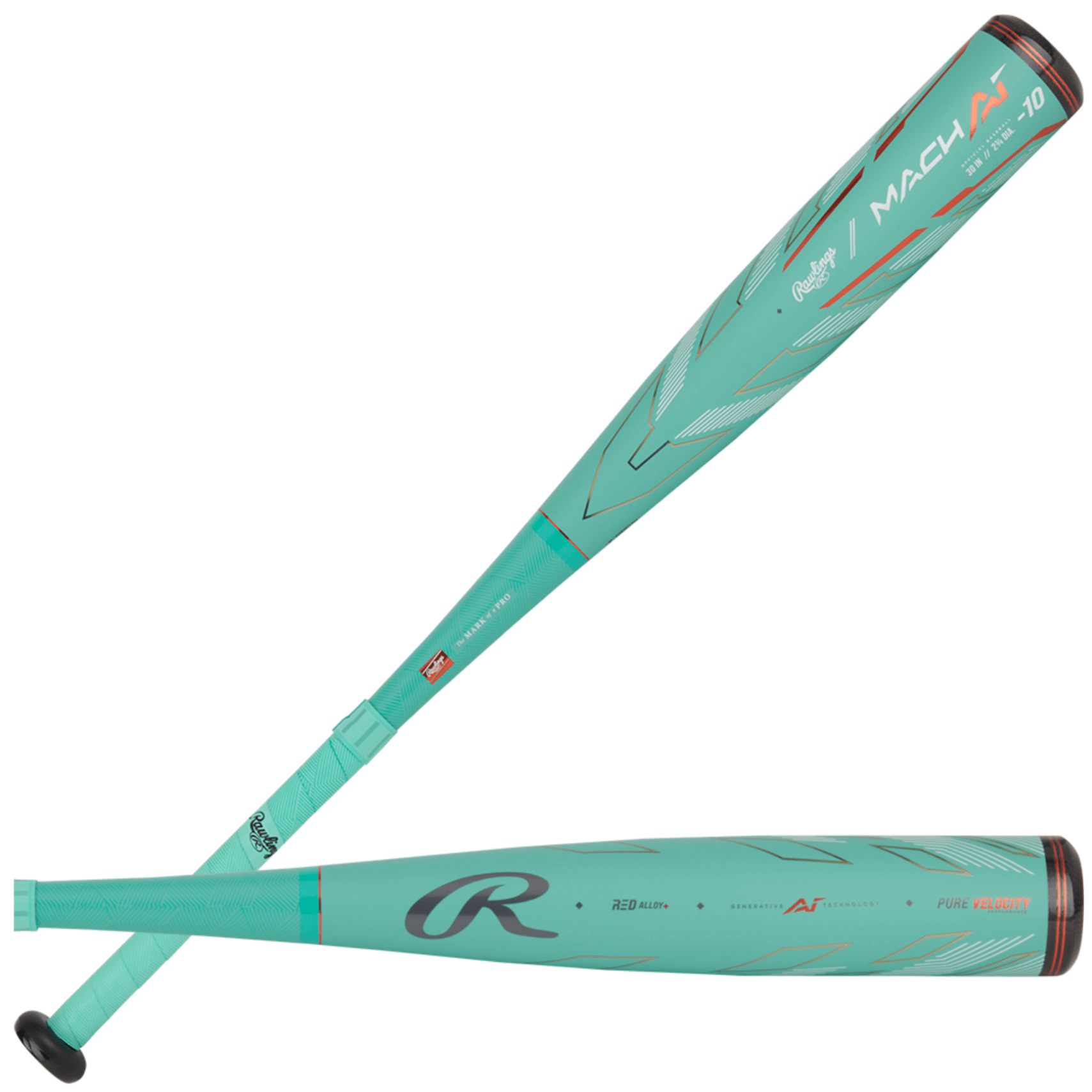 Rawlings Mach AI -10 USSSA youth baseball bat with 2 3/4" barrel, featuring a teal design for optimal performance.