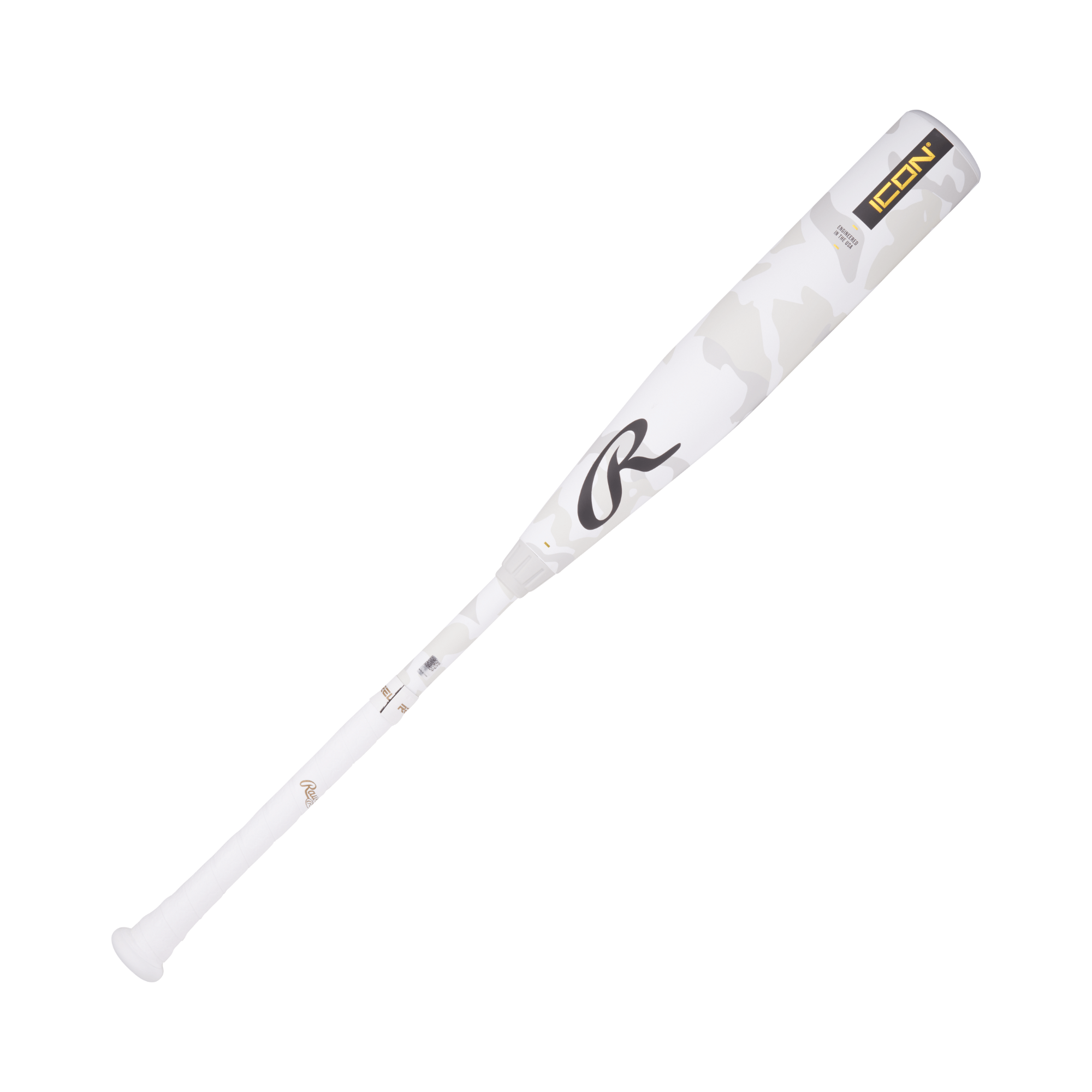 Rawlings Icon 2025 -5 USSSA baseball bat featuring a sleek white camouflage design and In/Tense carbon composite technology.