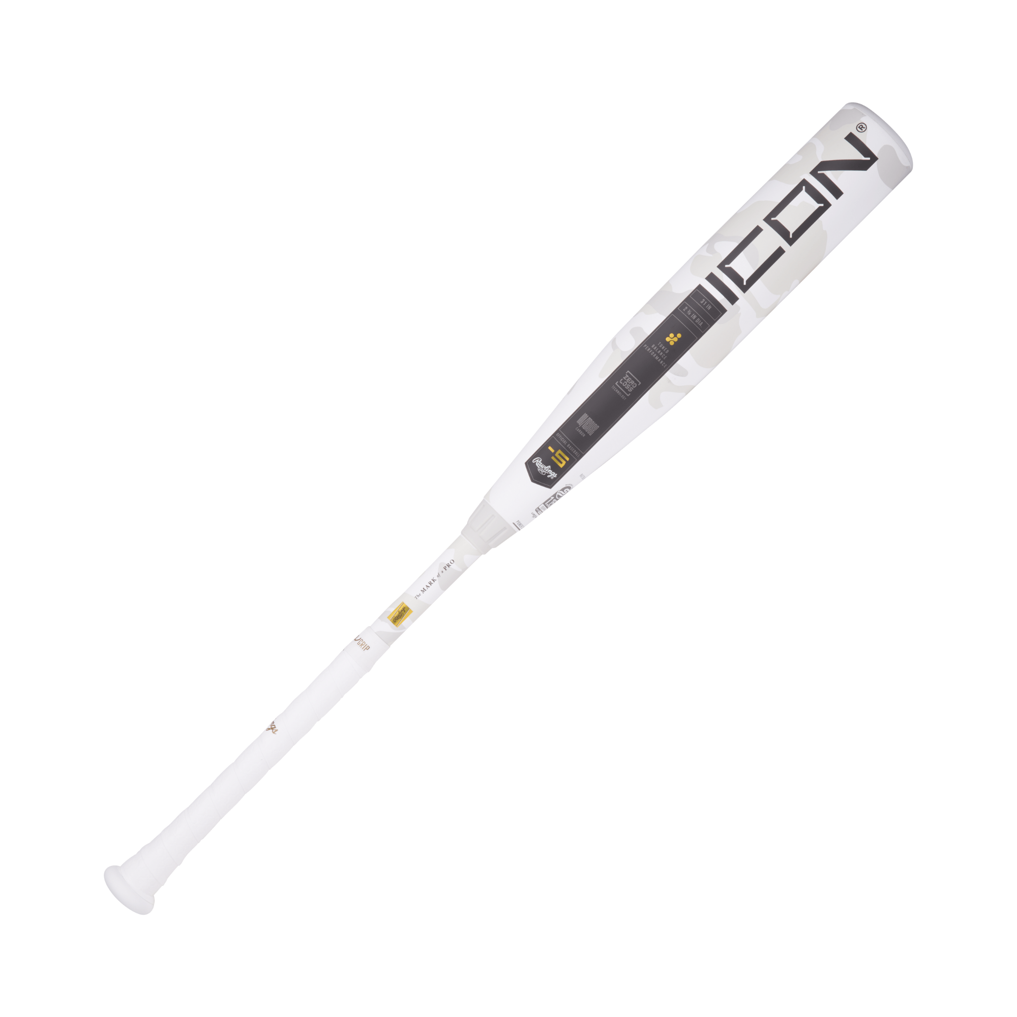 Rawlings Icon 2025 -5 USSSA baseball bat in white camo with black and gold accents