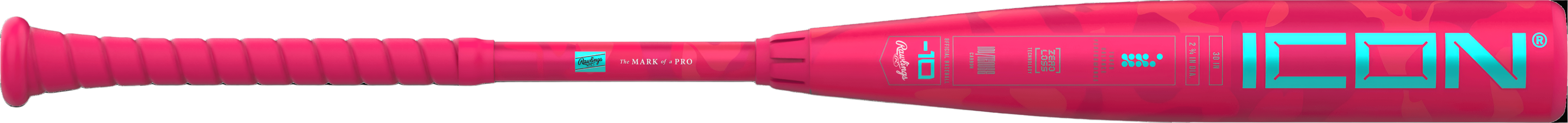 ertical angle front view showing dynamic pink of Rawlings Icon Electric Unicorn Bat.
